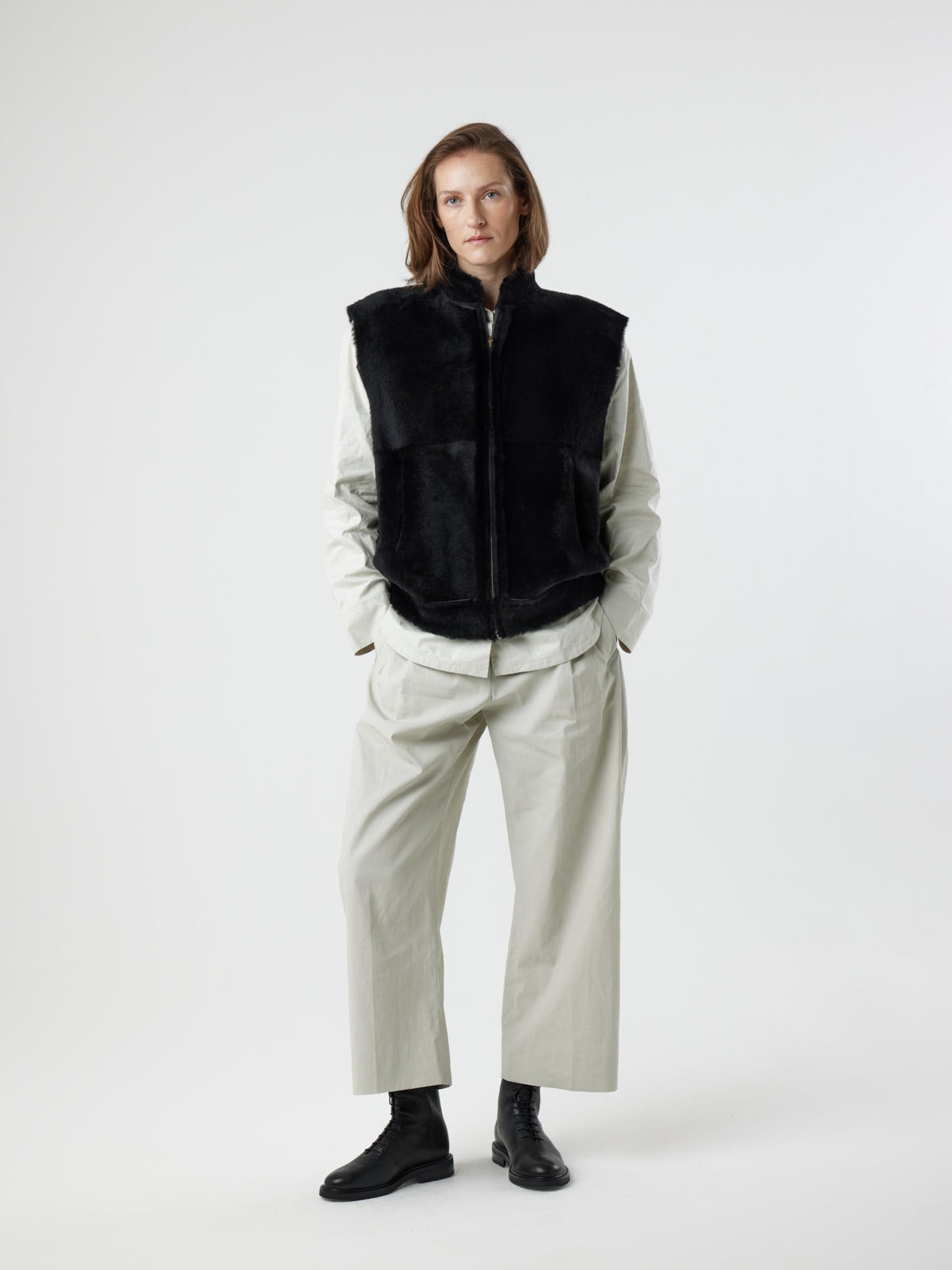 woman wearing Joyce Black Shearling Gilet by Gushlow and Cole