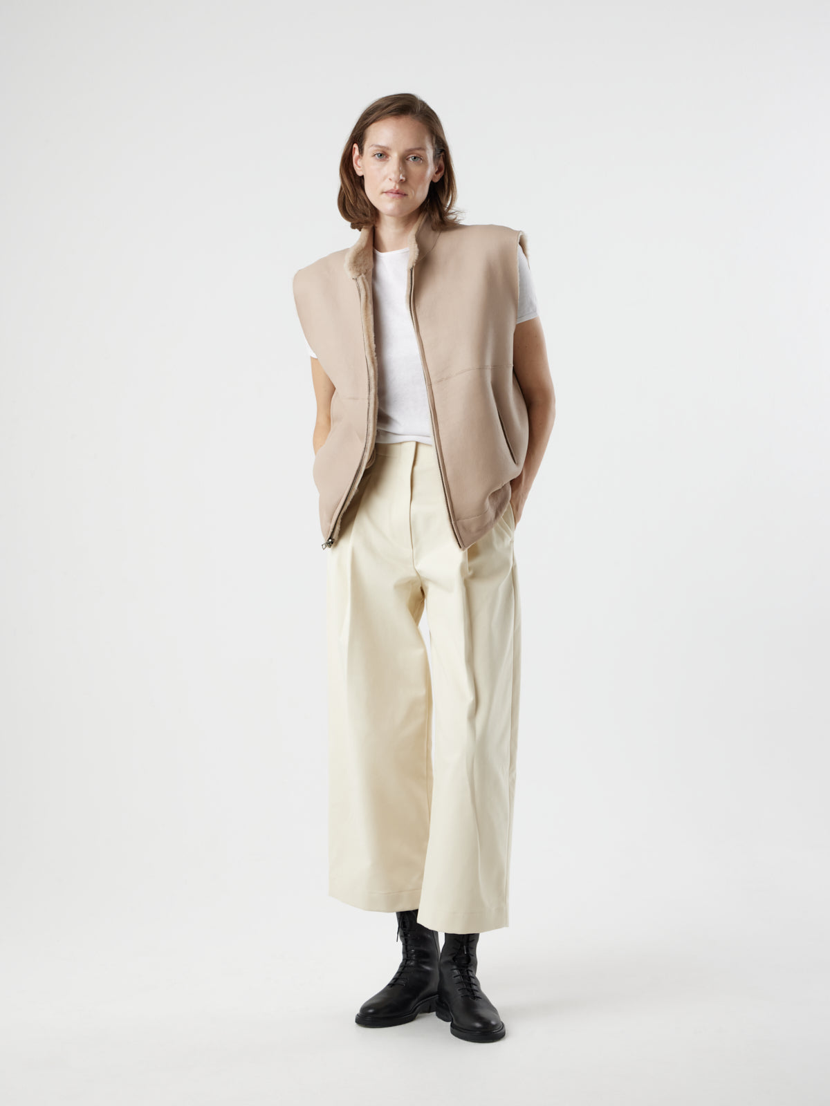 woman wearing Joyce Cream Shearling Gilet by Gushlow and Cole