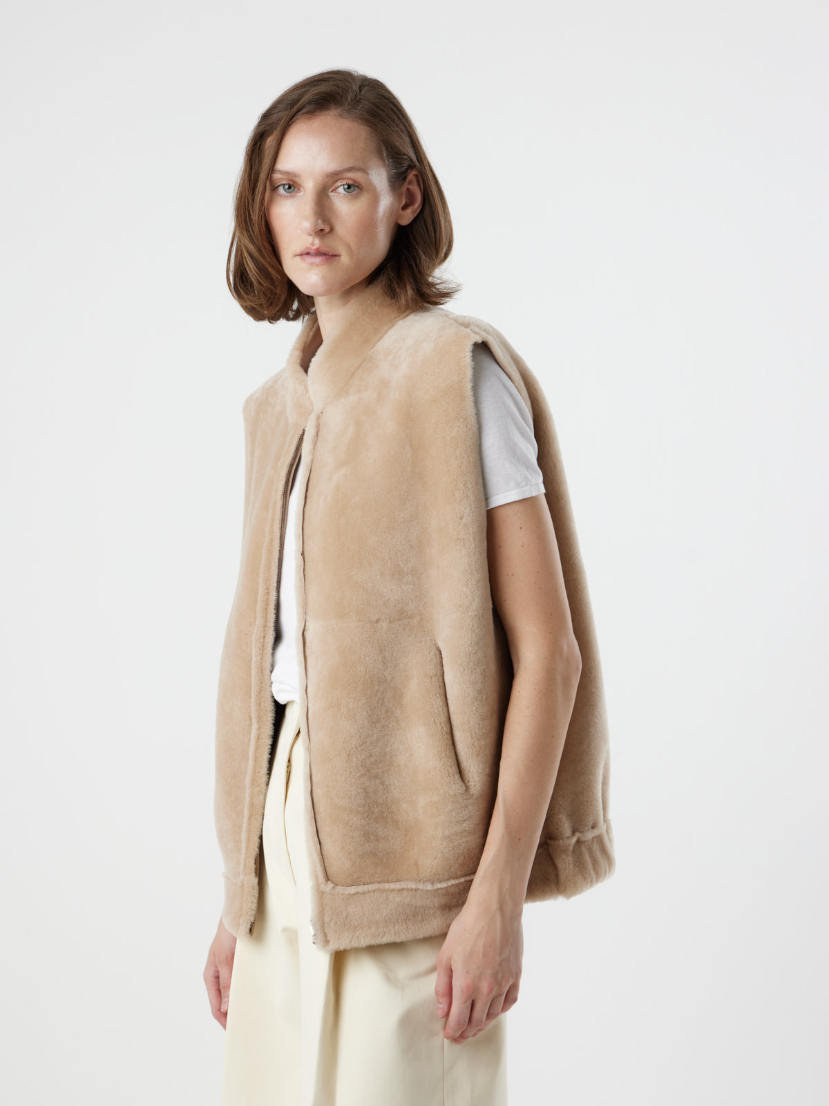 woman wearing Joyce Cream Shearling Gilet by Gushlow and Cole