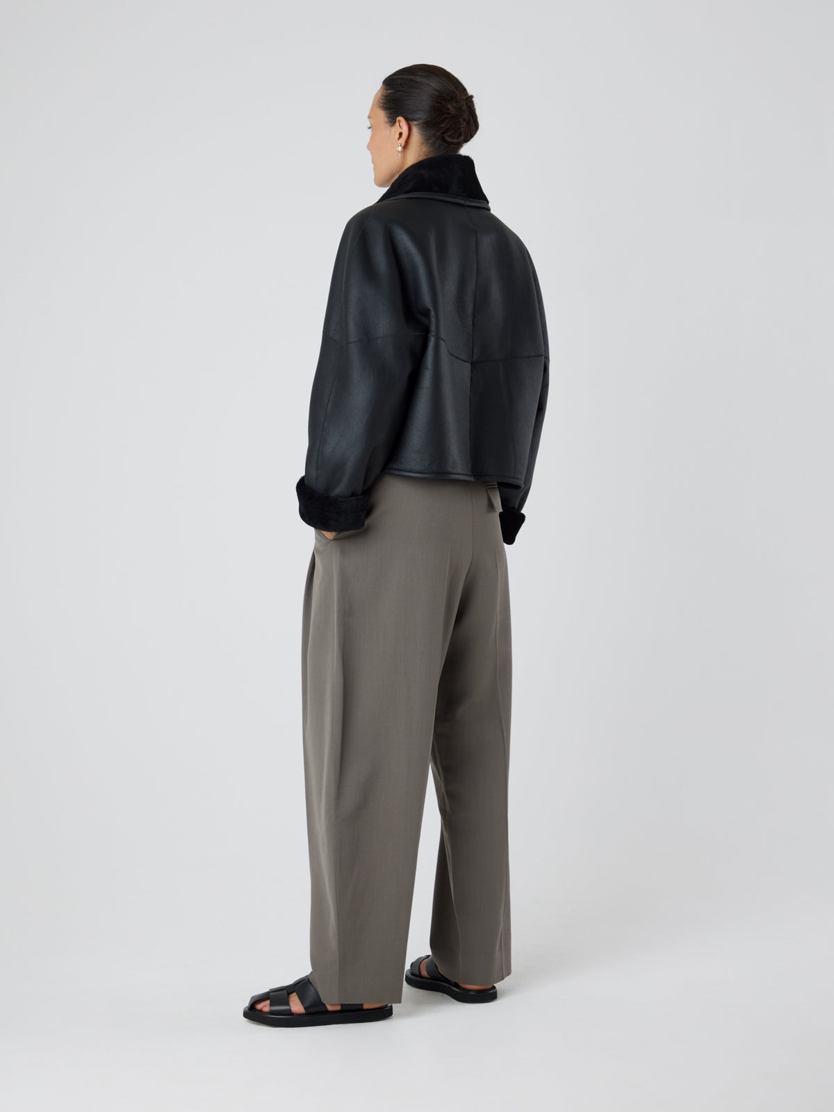 L9020 Black Shearling Jacket | Womens | Gushlow & Cole - model full length back leather out