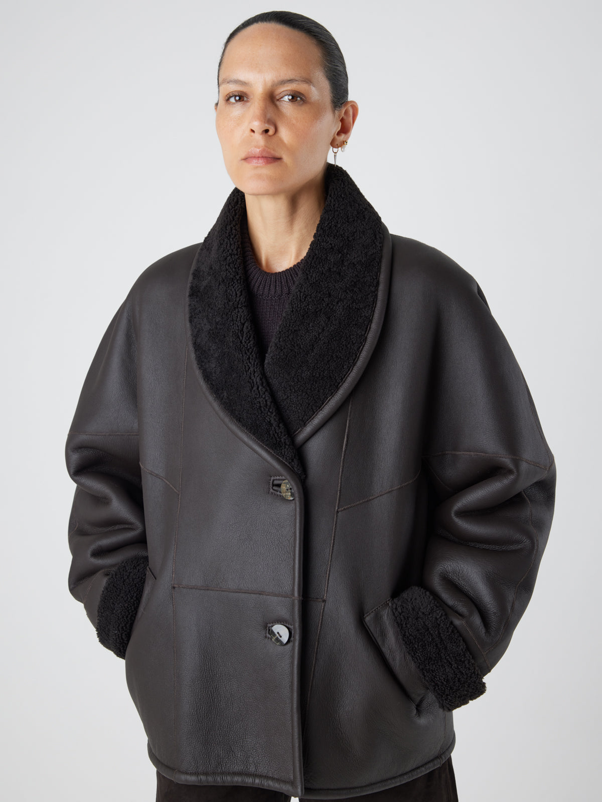 L9020 Brown Midi Shearling Coat | Womens | Gushlow & Cole-model front crop coat buttoned up