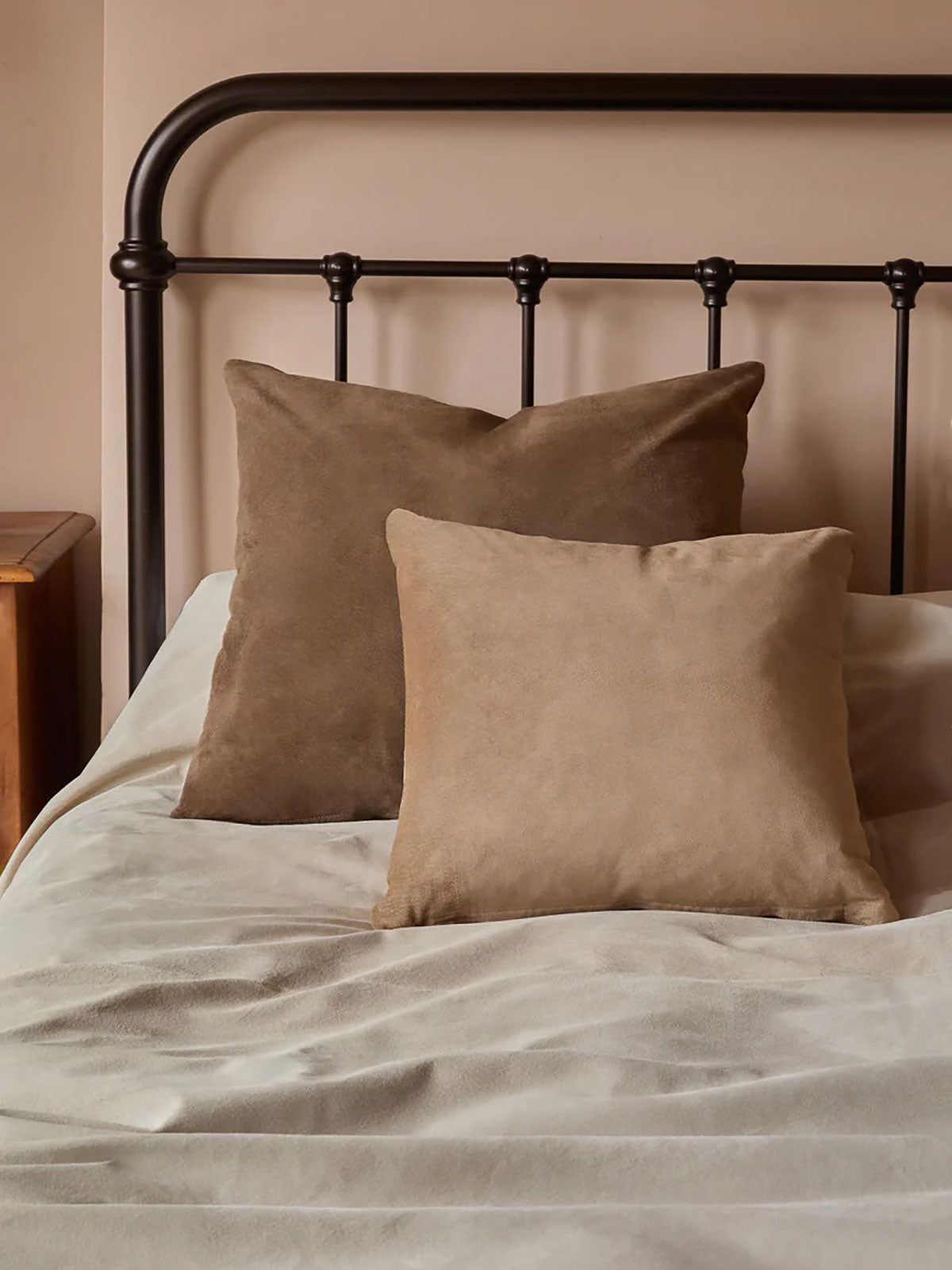 Large Stone White Suede Throw | Home | Gushlow & Cole - lifestyle shot suede throws on bed with suede cushions