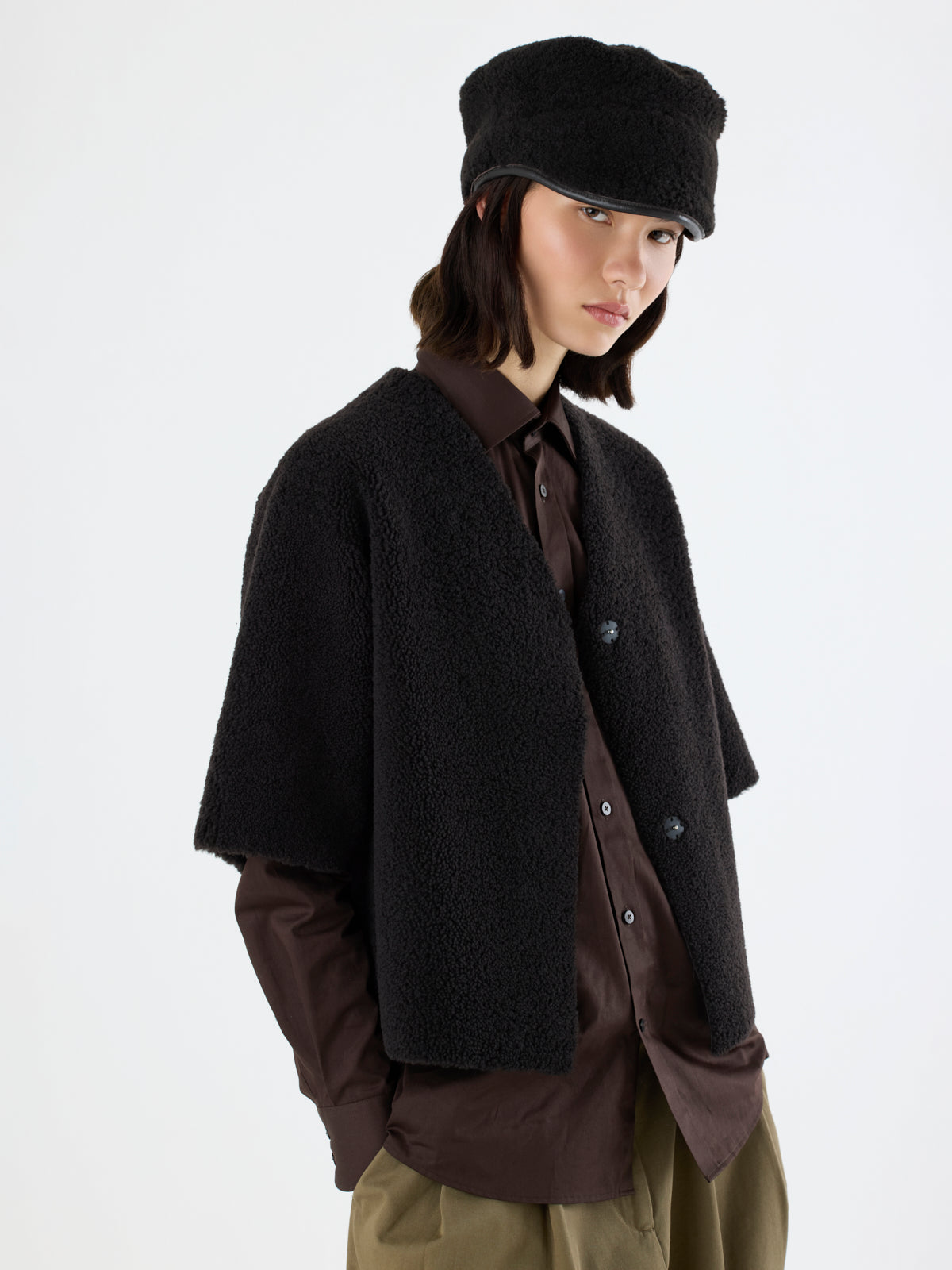 Leather Bound Dark Brown Shearling Cap | Women | Gushlow & Cole
