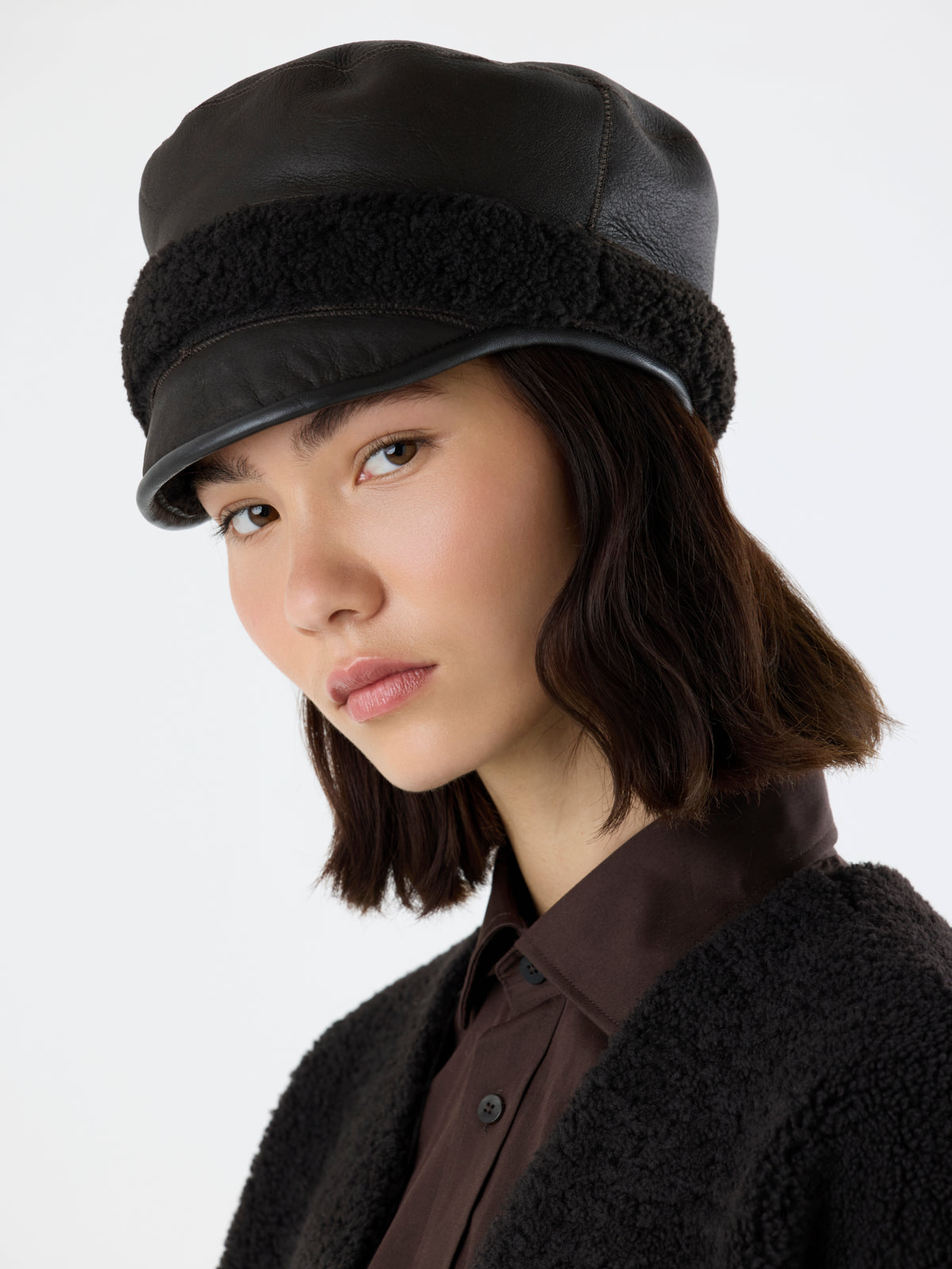 Leather Bound Dark Brown Shearling Cap | Women | Gushlow & Cole