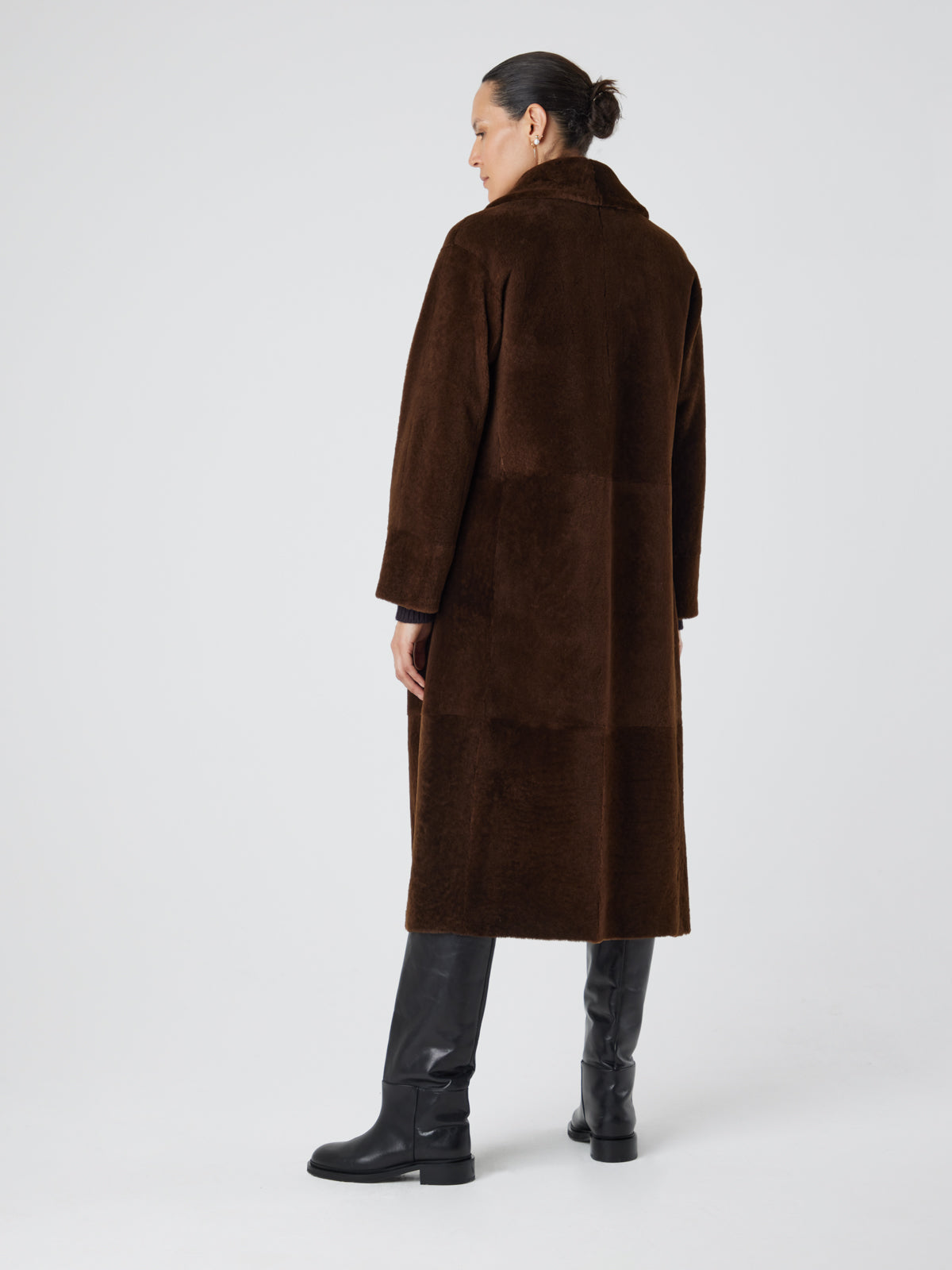 Longline Neat Shearling Shawl Coat in Brown | Womens | Gushlow & Cole- full length coat on model side