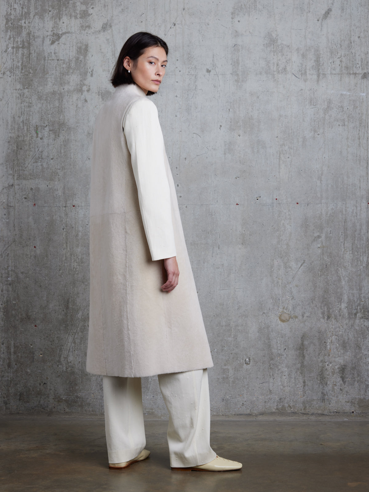 Longline Stand Collar White Shearling Gilet | Womens | Gushlow & Cole - model full length back