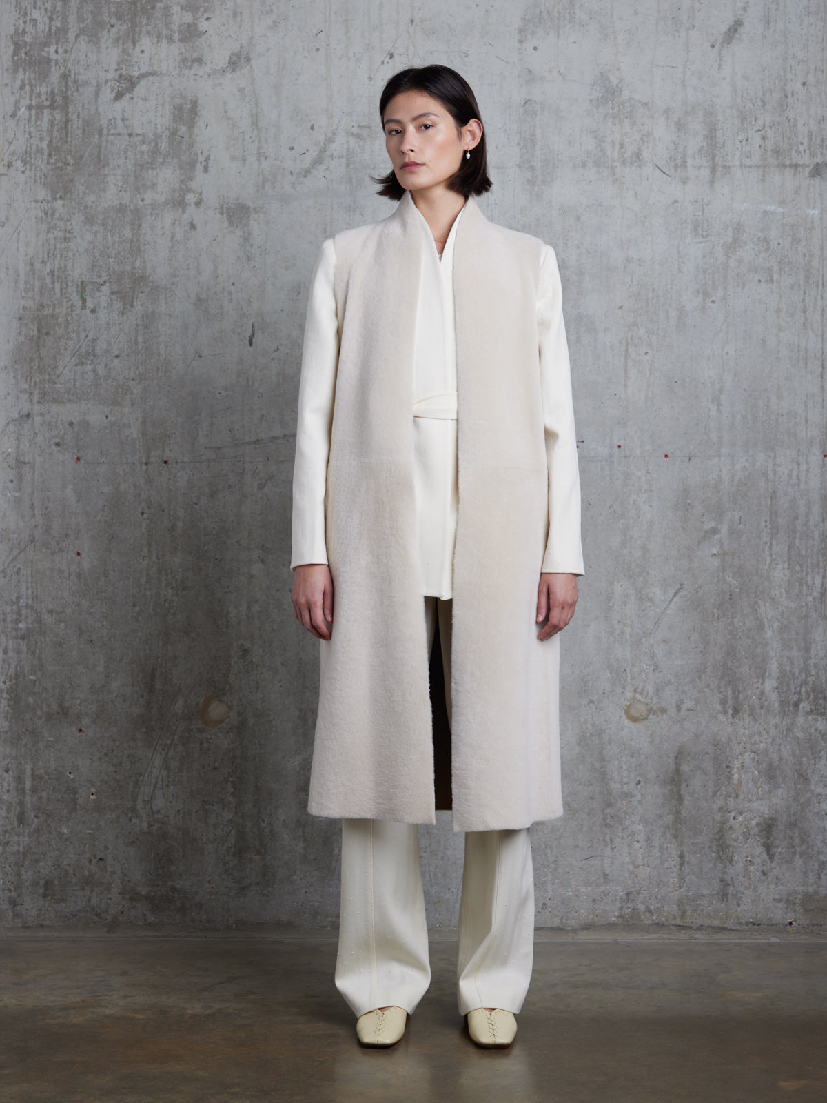 Longline Stand Collar White Shearling Gilet | Womens | Gushlow & Cole - model full length front