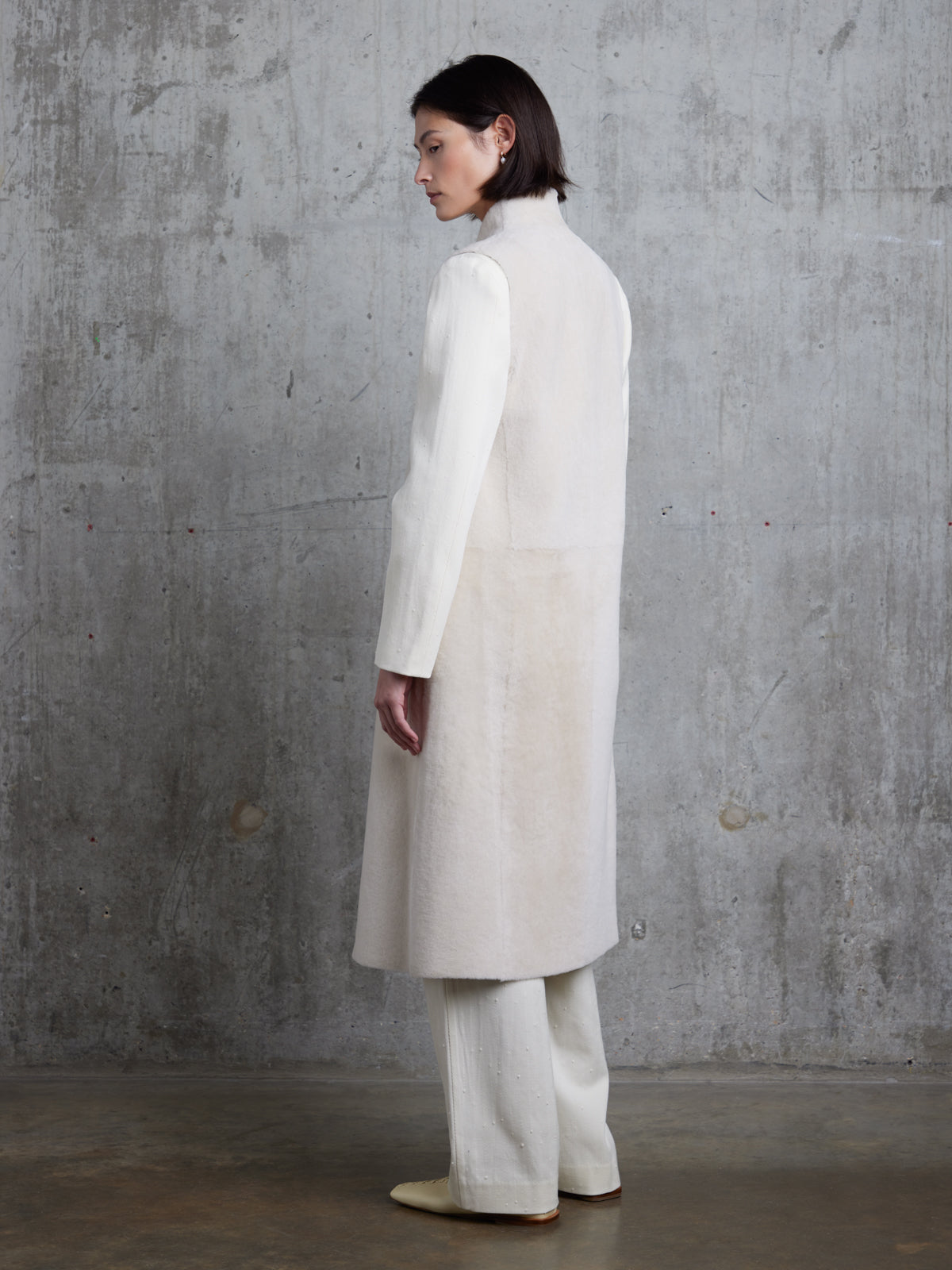 Longline Stand Collar White Shearling Gilet | Womens | Gushlow & Cole - model full length back side