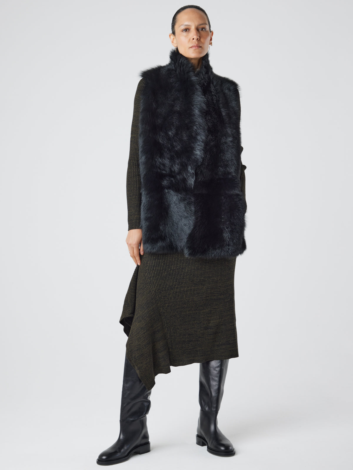 Mid Length Black Shearling Gilet | Womens | Gushlow & Cole - model full length