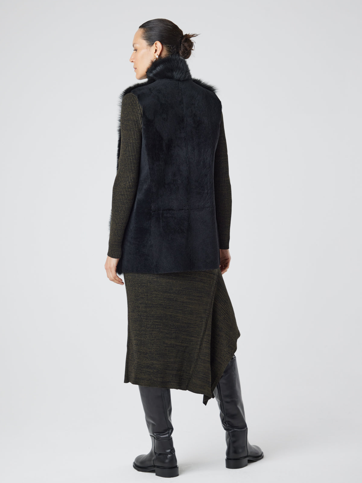 Mid Length Black Shearling Gilet | Womens | Gushlow & Cole - model full length back