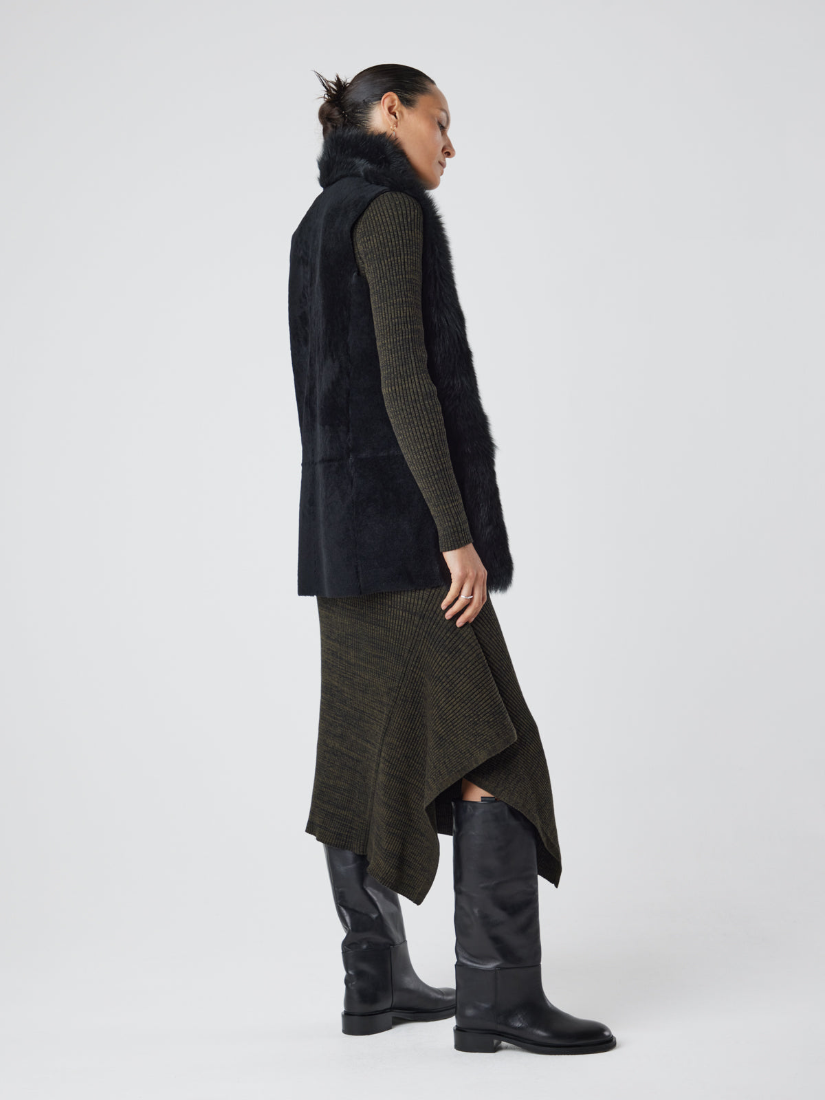 Mid Length Black Shearling Gilet | Womens | Gushlow & Cole - model full length side