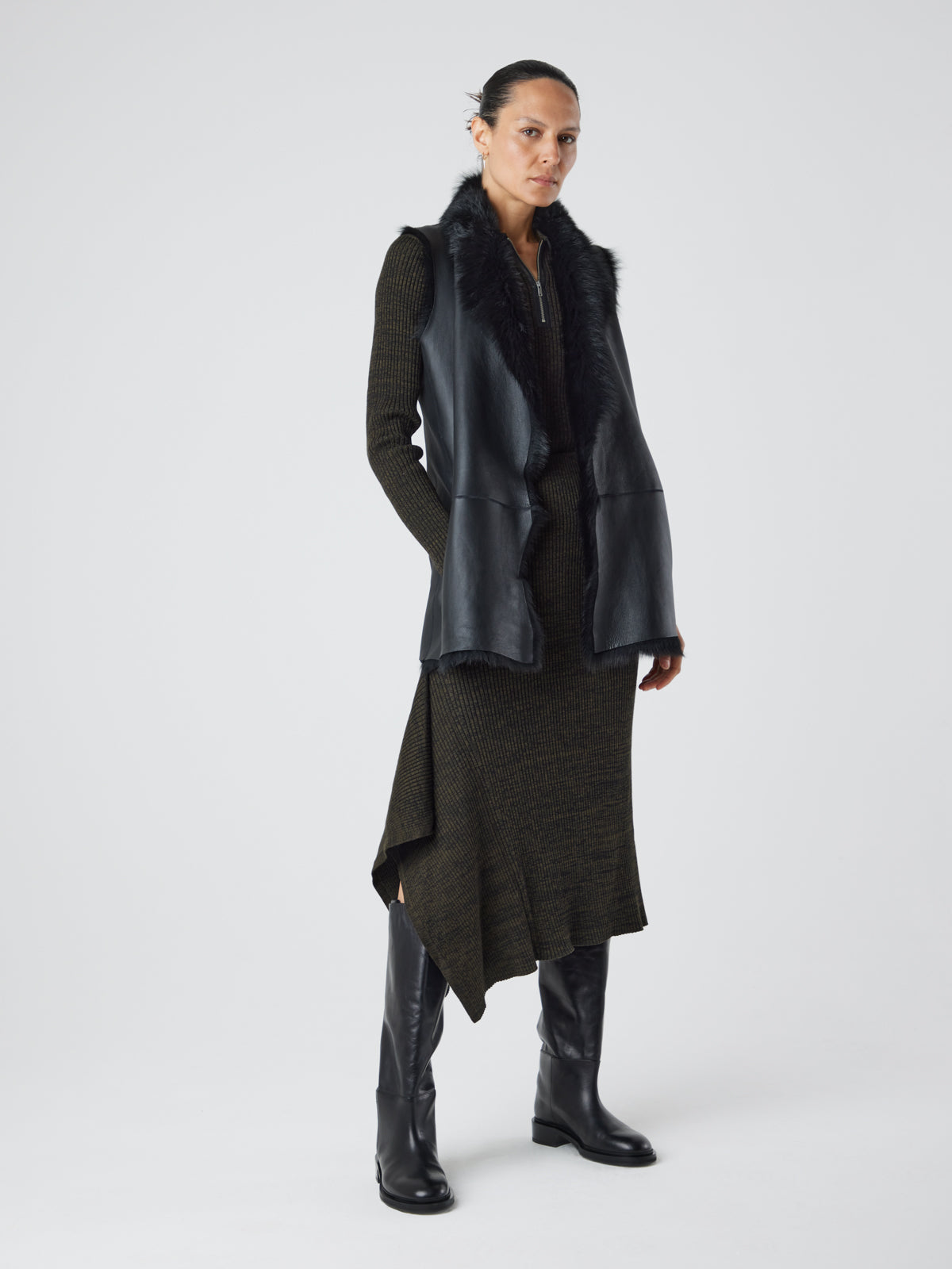 Mid Length Black Shearling Gilet | Womens | Gushlow & Cole - model full length leather out