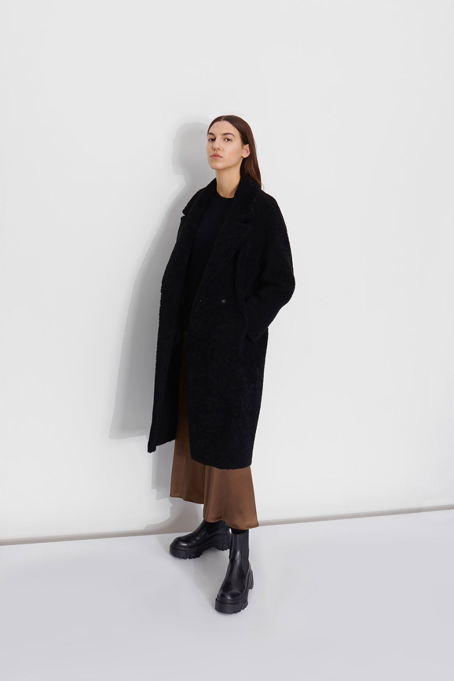 Notch Collar Black Shearling Over Coat | Women | Gushlow and Cole model 4