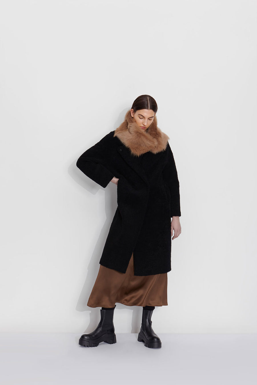 Notch Collar Black Shearling Over Coat | Women | Gushlow and Cole model 3