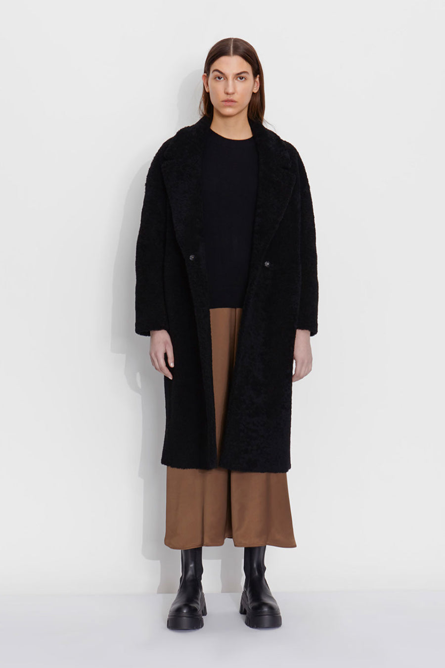 Notch Collar Black Shearling Over Coat | Women | Gushlow and Cole model 1