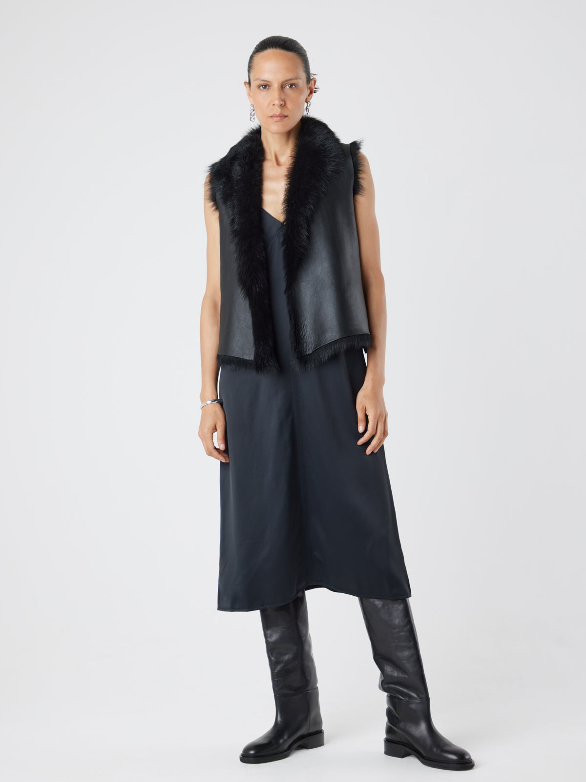 Natural Edge Black Shearling Gilet | Womens | Gushlow & Cole-full length leather out