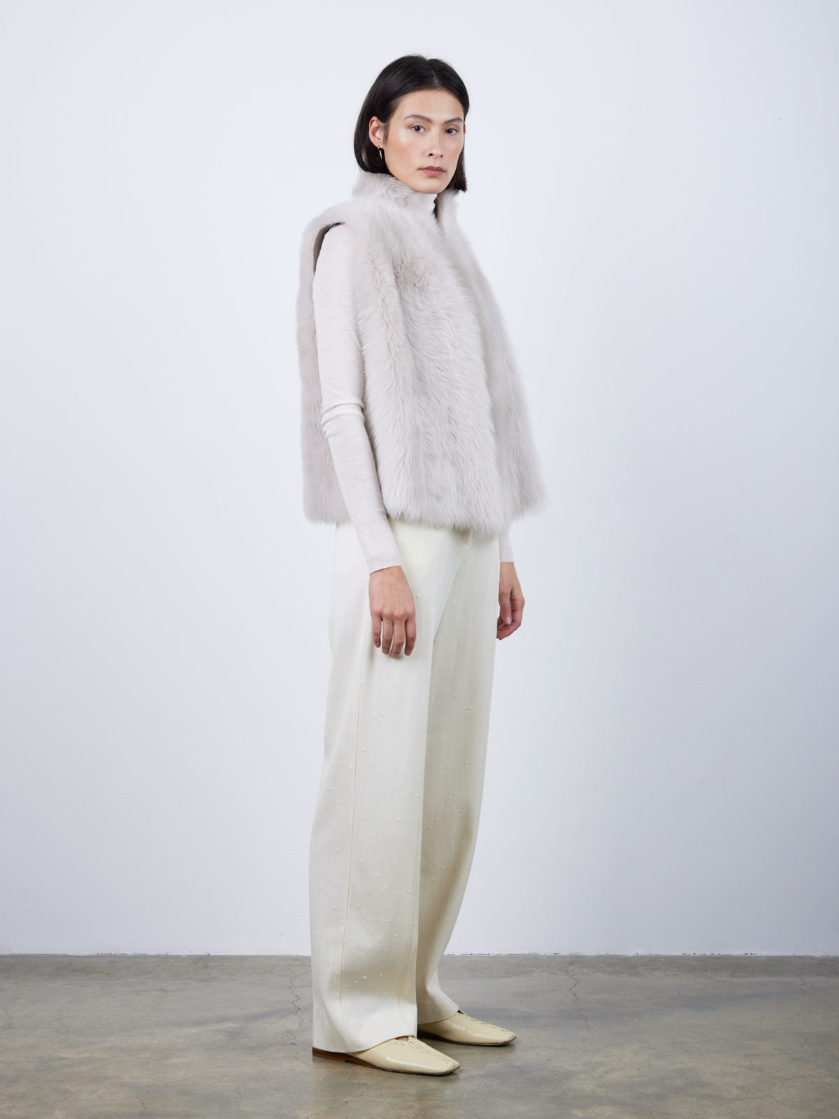 Natural Edge Oyster White Shearling Gilet | Womens | Gushlow & Cole- full length model side
