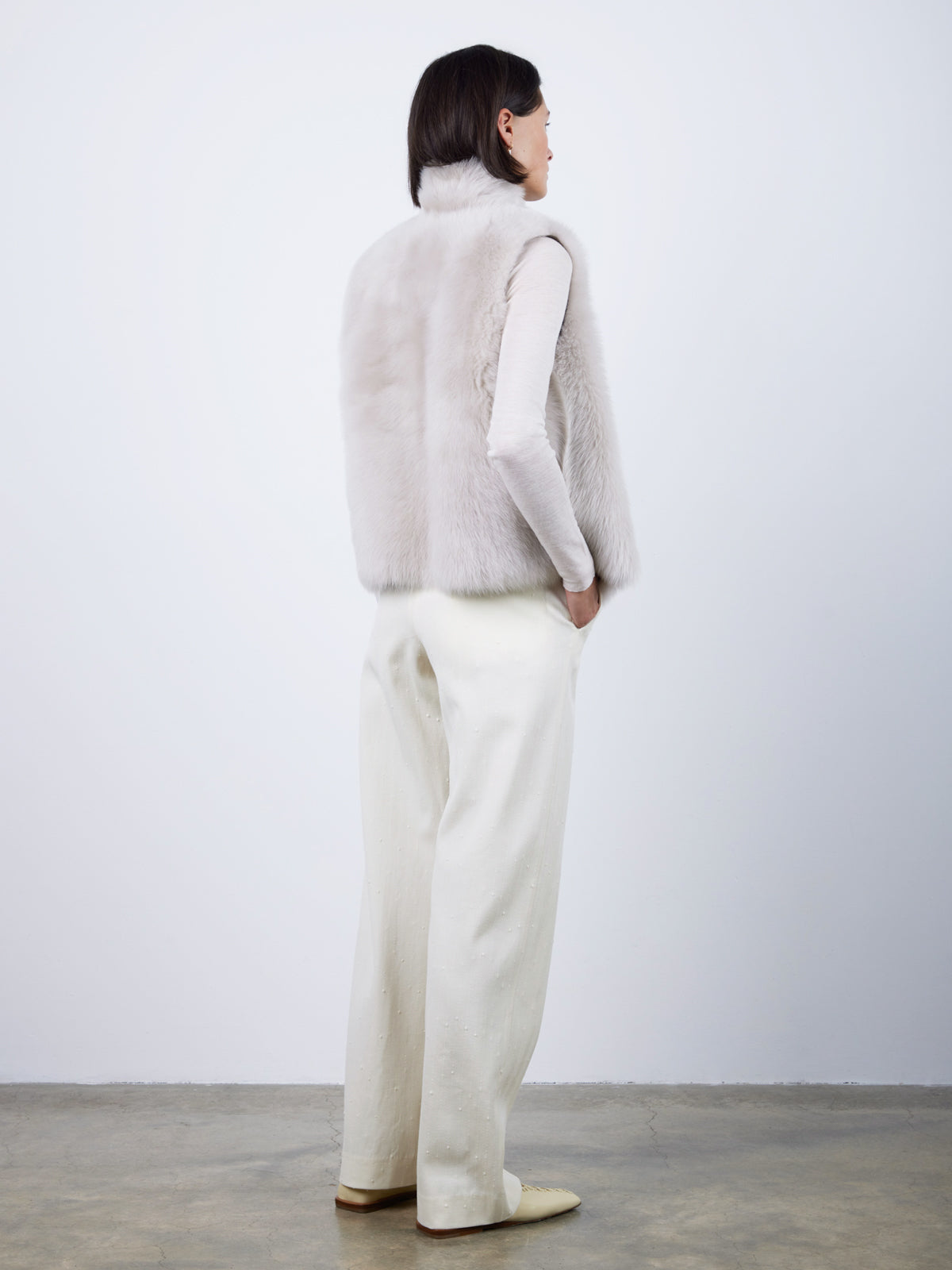 Natural Edge Oyster White Shearling Gilet | Womens | Gushlow & Cole- full length model back