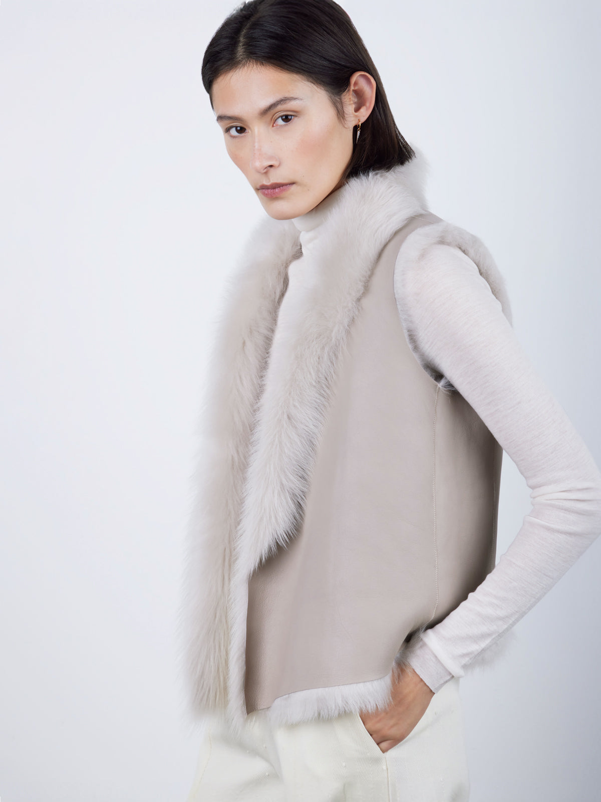 Natural Edge Oyster White Shearling Gilet | Womens | Gushlow & Cole- crop model reversed
