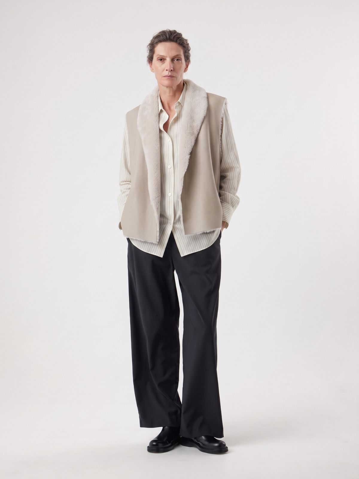 woman wearing Natural Edge White Shearling Gilet by gushlow and cole