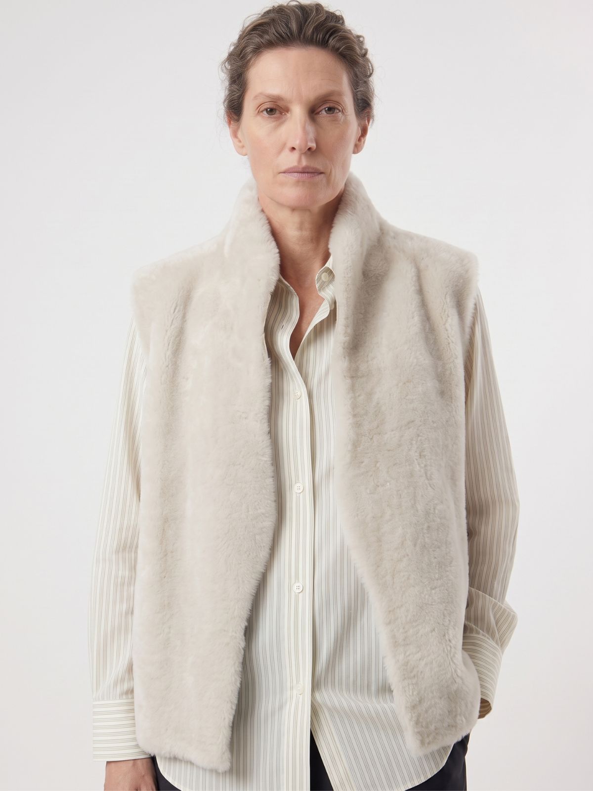 woman wearing Natural Edge White Shearling Gilet by gushlow and cole