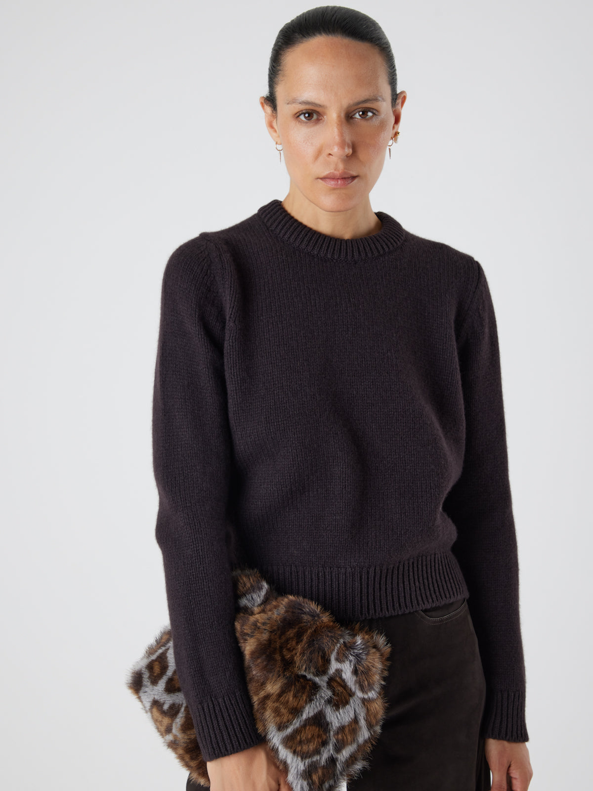 Ocelot Print Soft Shearling Clutch Bag | Womens | Gushlow & Cole - model holding bag down