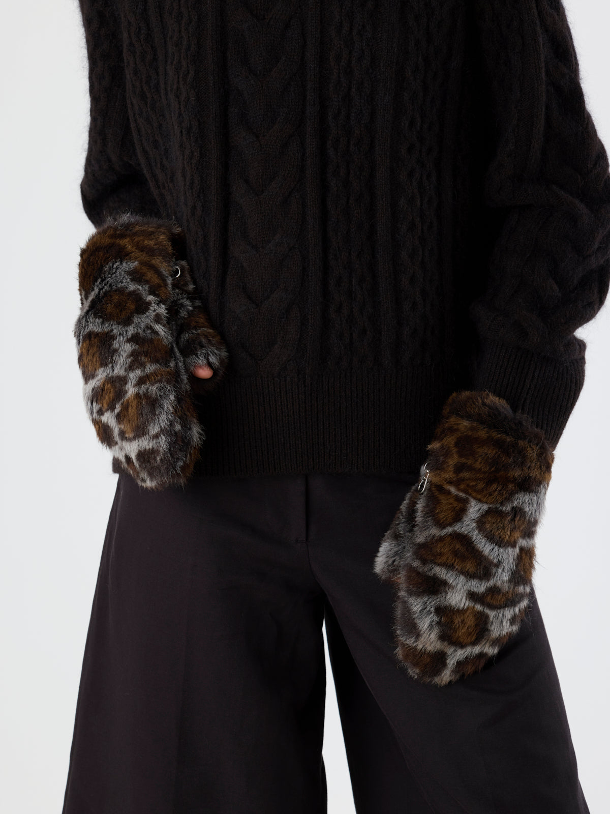 women wearing womens Ocelot Touchscreen Shearling Mittens by Gushlow & Cole on white background 
