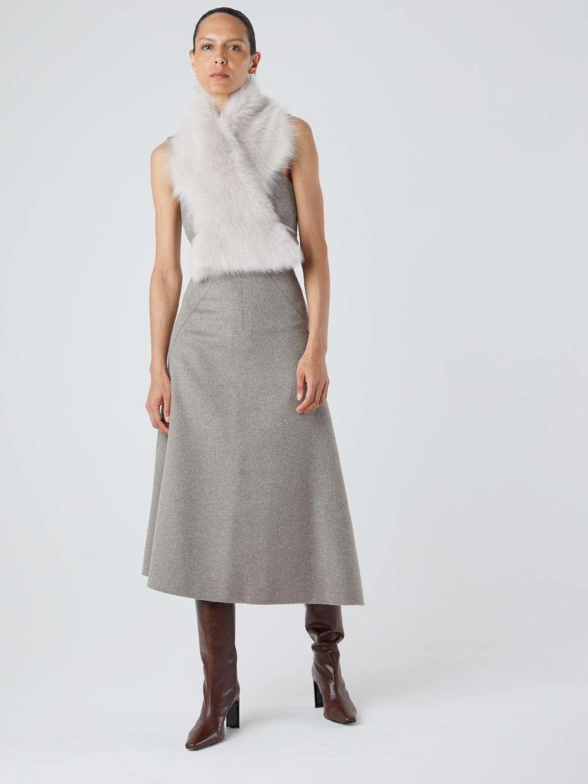 Oyster White Shearling Shawl Scarf | Womens | Gushlow & Cole - model full length cross over scarf