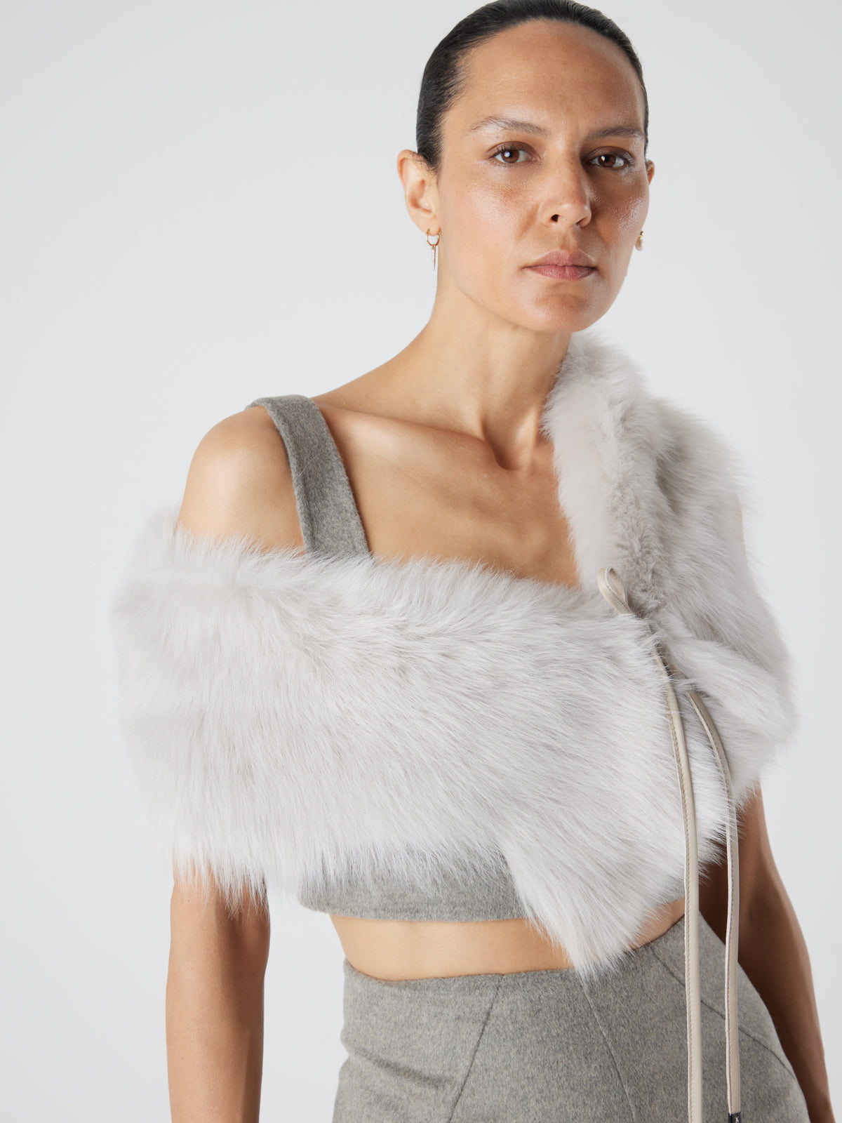 Oyster White Shearling Shawl Scarf | Womens | Gushlow & Cole - model crop scarf over shoulders