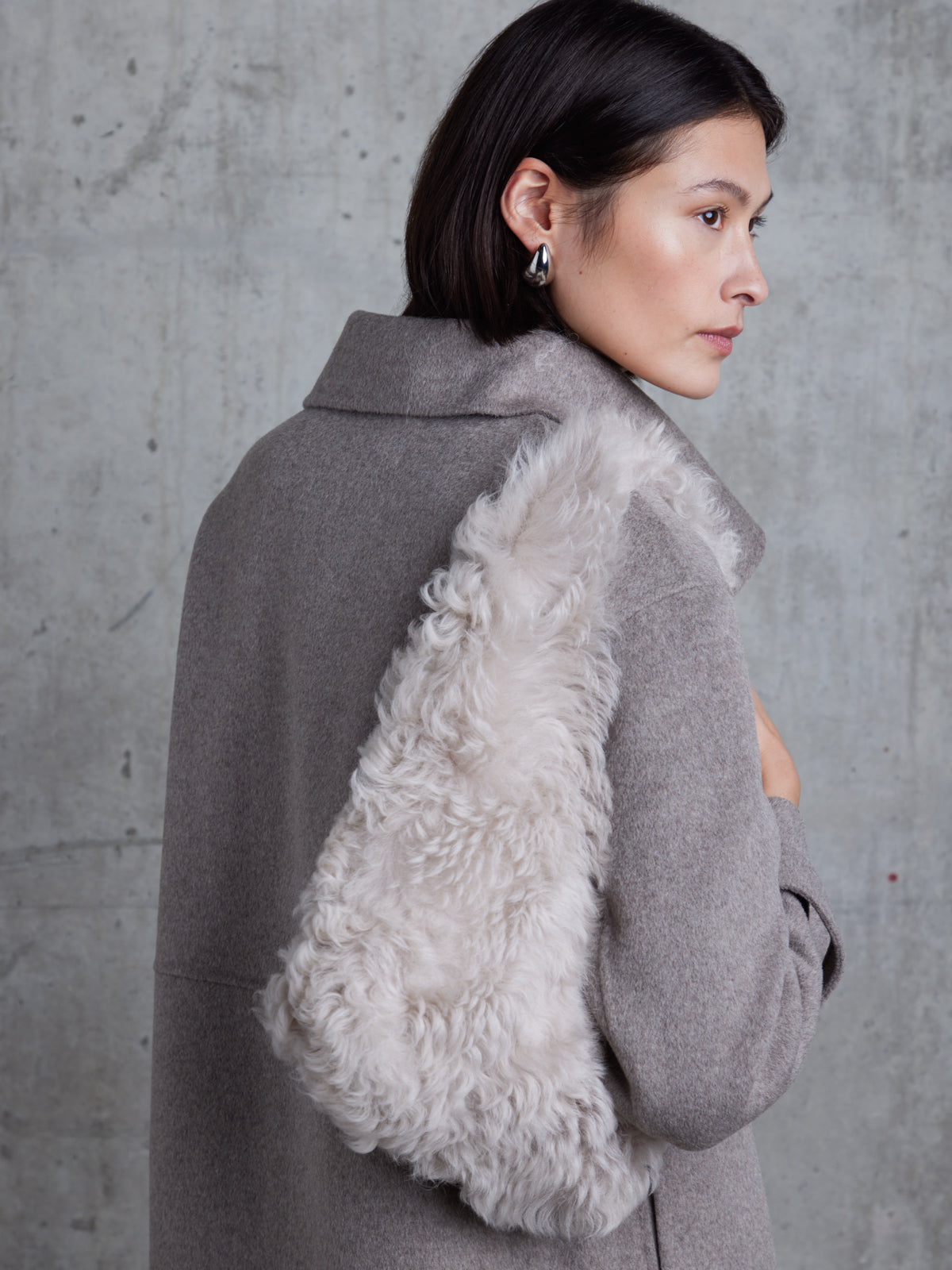 Oyster White Shearling Slouch Bag | Womens | Gushlow & Cole - model bag over shoulder