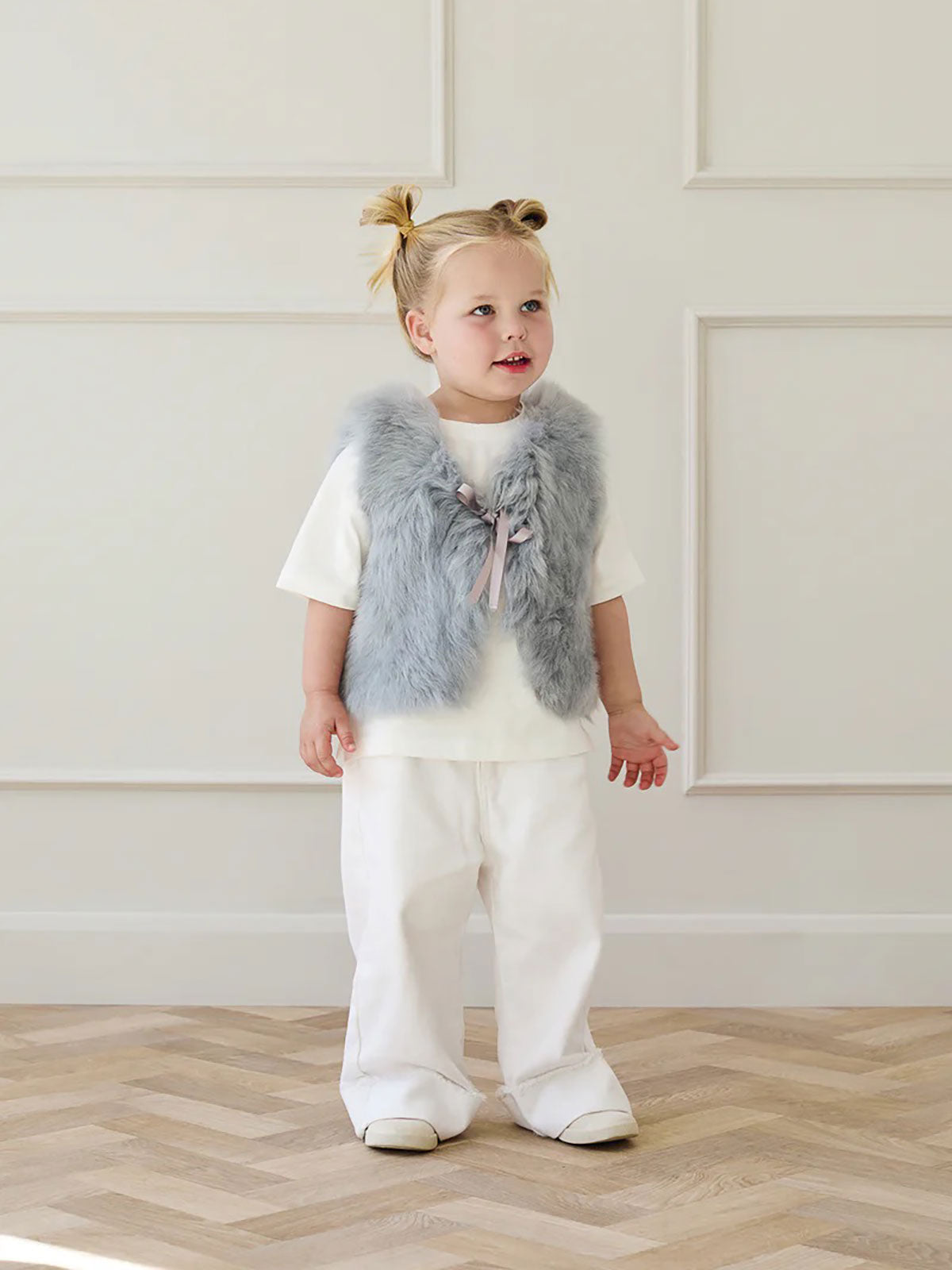 Pale Blue Kids Toscana Shearling Gilet | Kids | Gushlow & Cole- front on model