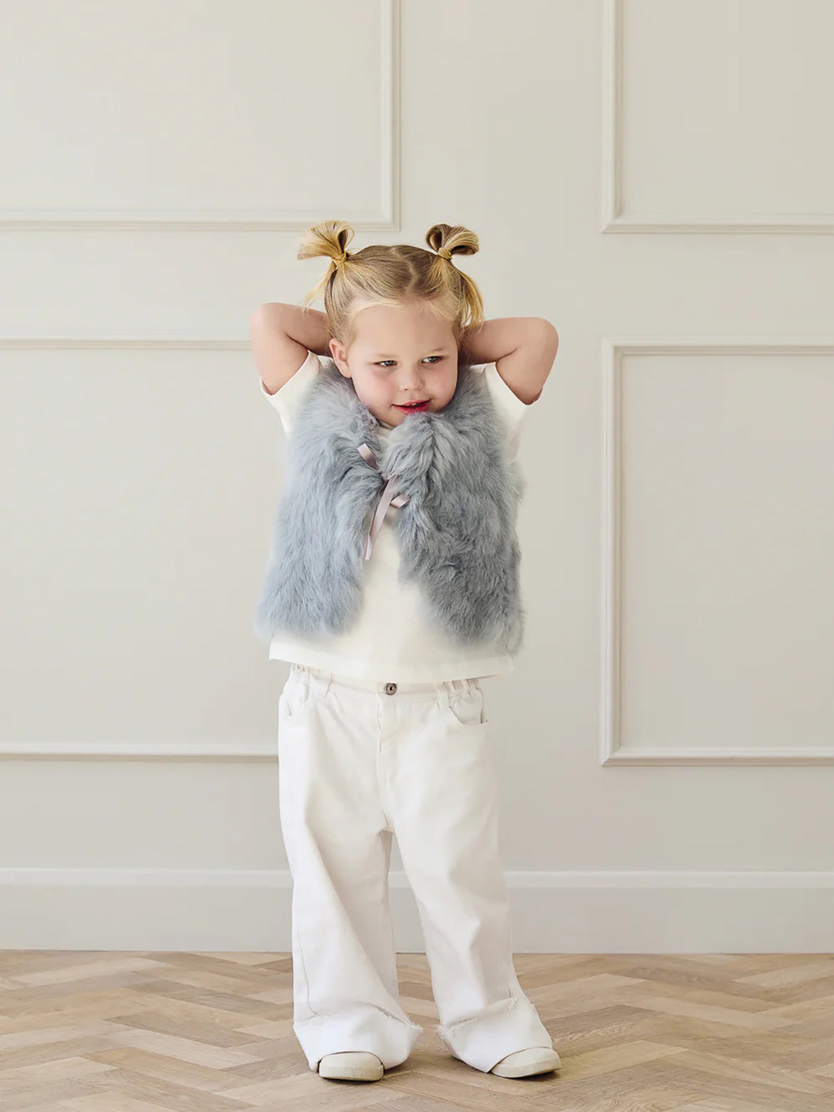 Pale Blue Kids Toscana Shearling Gilet | Kids | Gushlow & Cole- back on model 2
