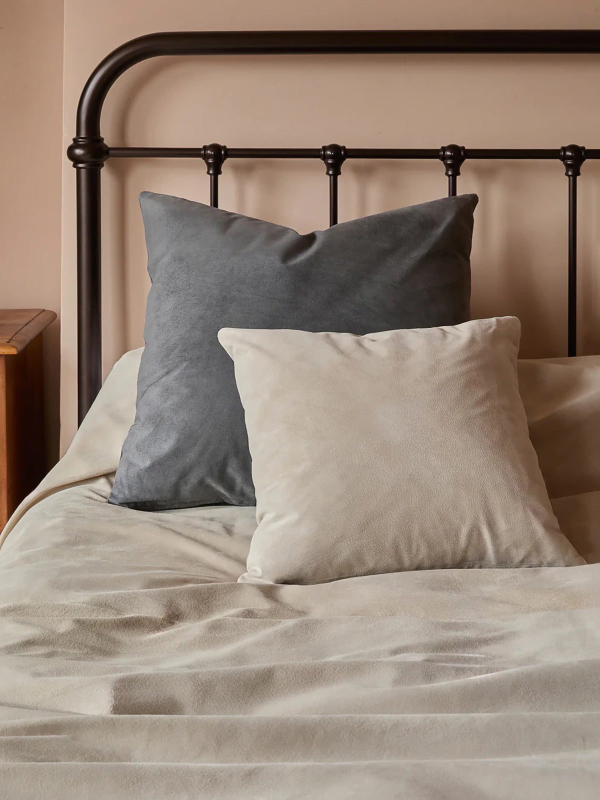 Stone White Suede Scatter Cushion | Home | Gushlow & Cole - stone white suede scatter cushion and grey suede scatter cushion on bed with suede throw