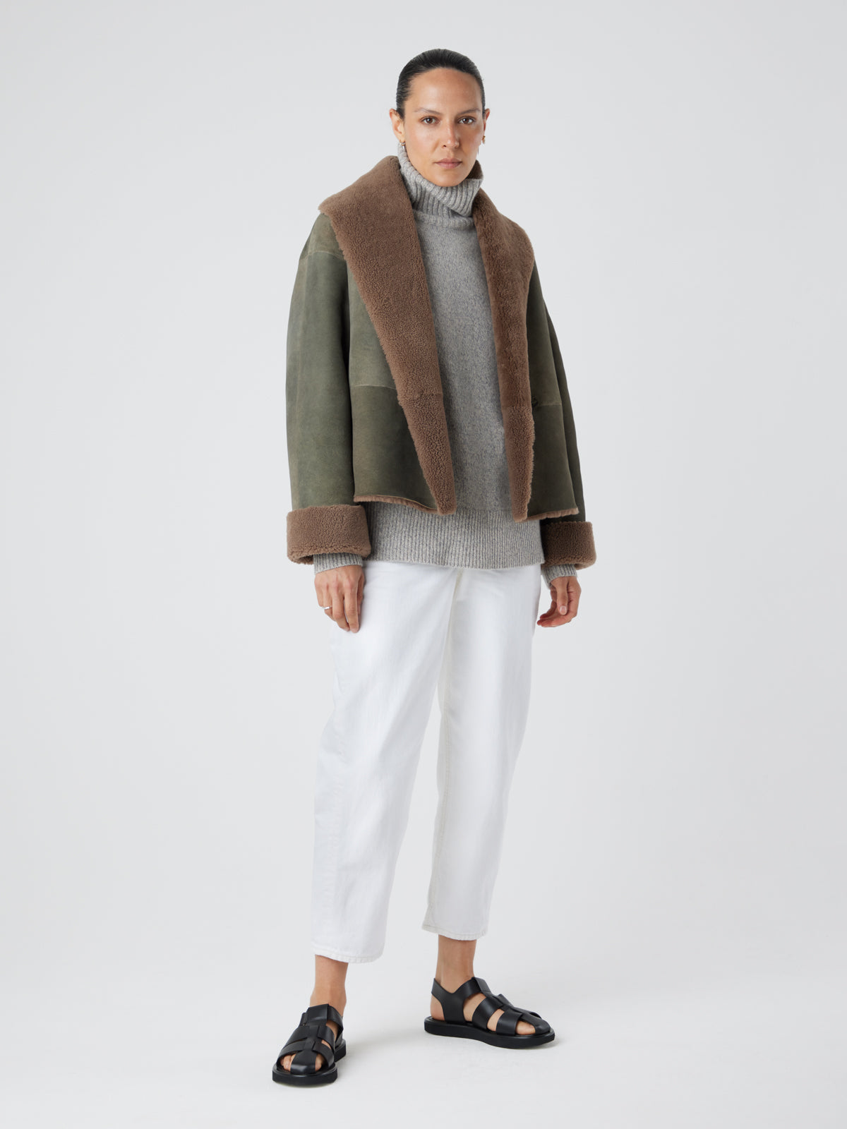 Storm Brown Boxy Shearling Jacket | Womens | Gushlow & Cole- full length jacket open