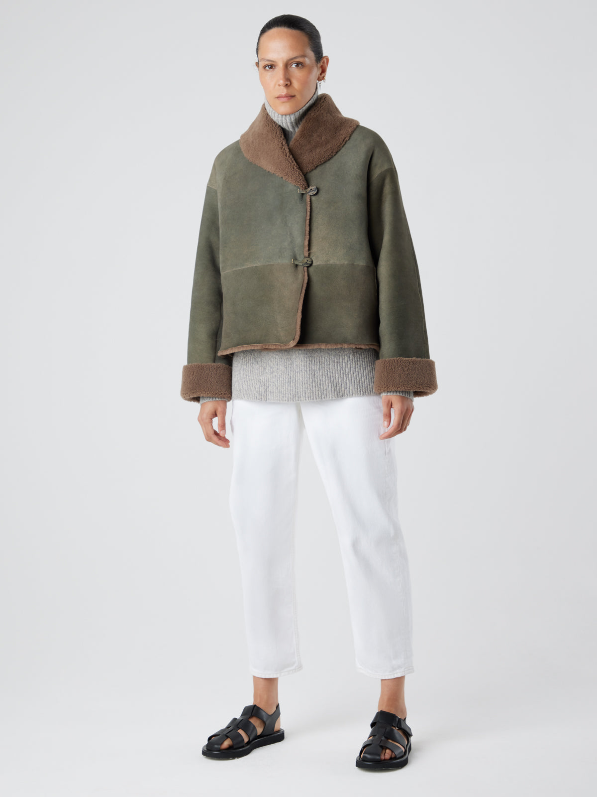 Storm Brown Boxy Shearling Jacket | Womens | Gushlow & Cole- full length jacket closed