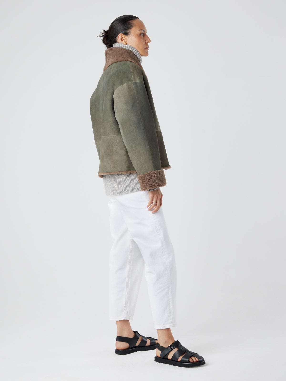 Storm Brown Boxy Shearling Jacket | Womens | Gushlow & Cole- full length jacket side