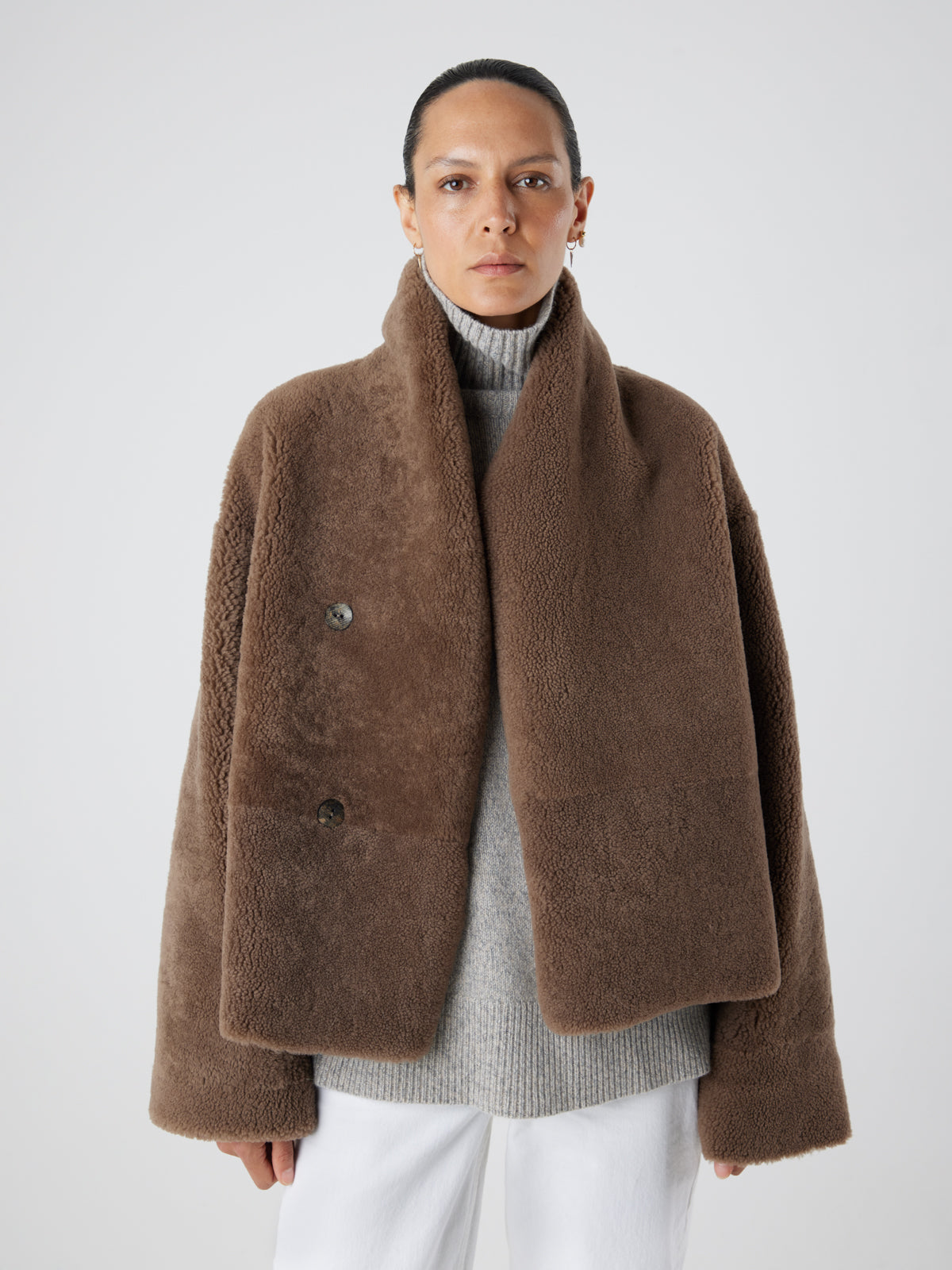 Storm Brown Boxy Shearling Jacket | Womens | Gushlow & Cole- crop jacket reversed