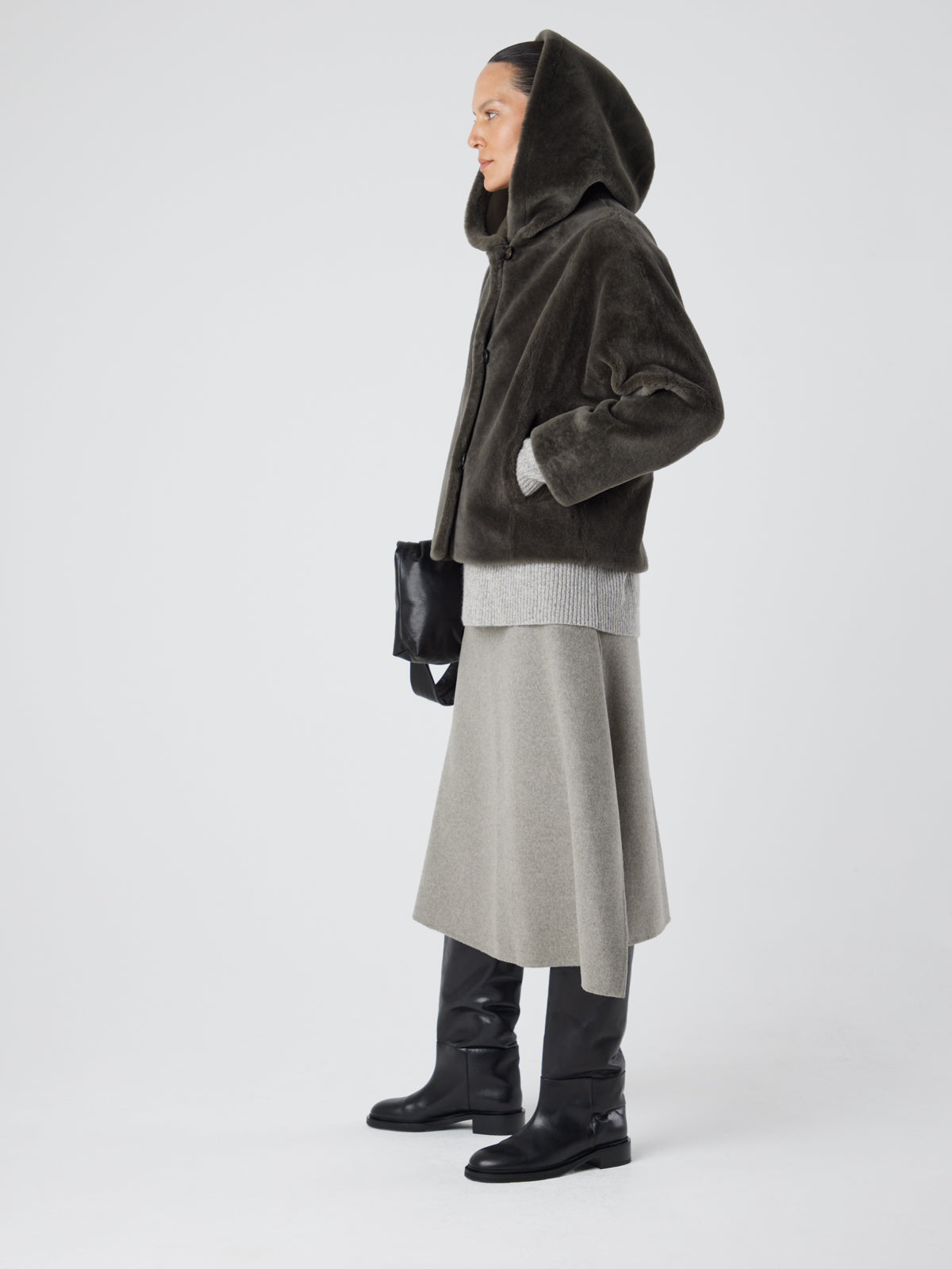 Storm Green Hooded Shearling Jacket | Womens | Gushlow & Cole - full length model side