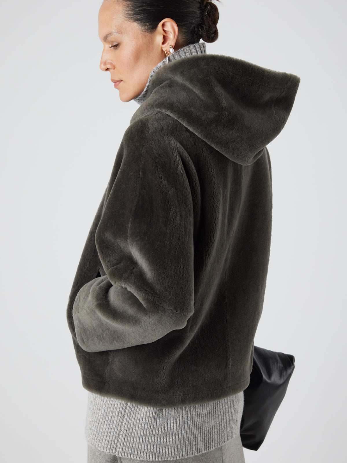 Storm Green Hooded Shearling Jacket | Womens | Gushlow & Cole - crop model side