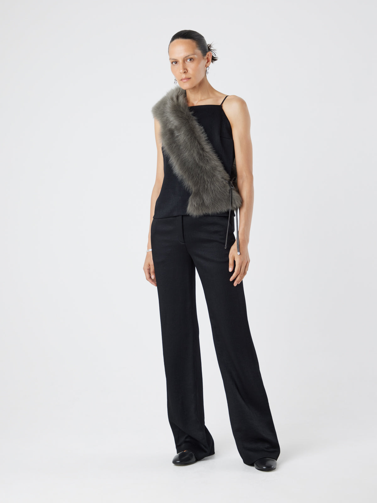 Storm Green Shearling Shawl Scarf | Womens | Gushlow & Cole - model full length scarf sash