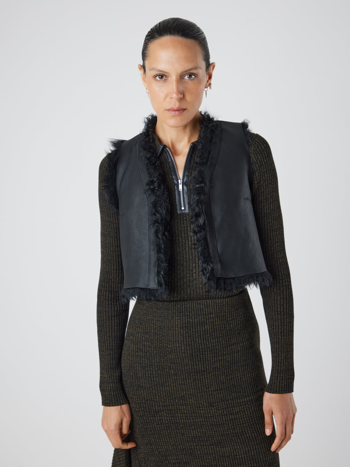 V Neck Black Cropped Shearling Gilet | Womens | Gushlow & Cole - crop leather out gilet