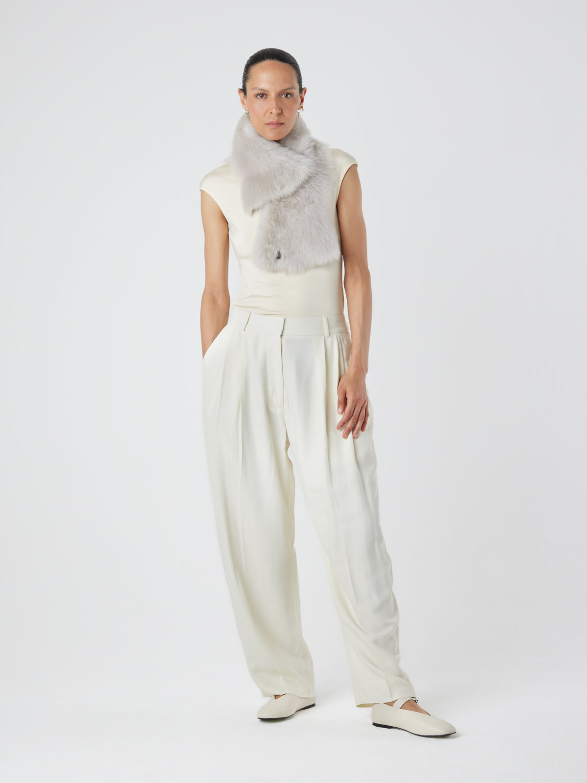 White Baby Button Shearling Scarf | Womens | Gushlow & Cole - full length model fixed with upper button