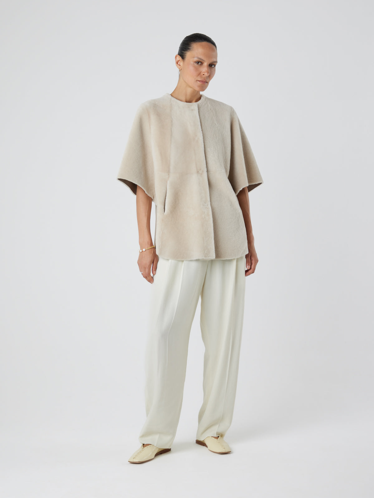 White Collarless Shearling Cape | Womens | Gushlow & Cole- model full length