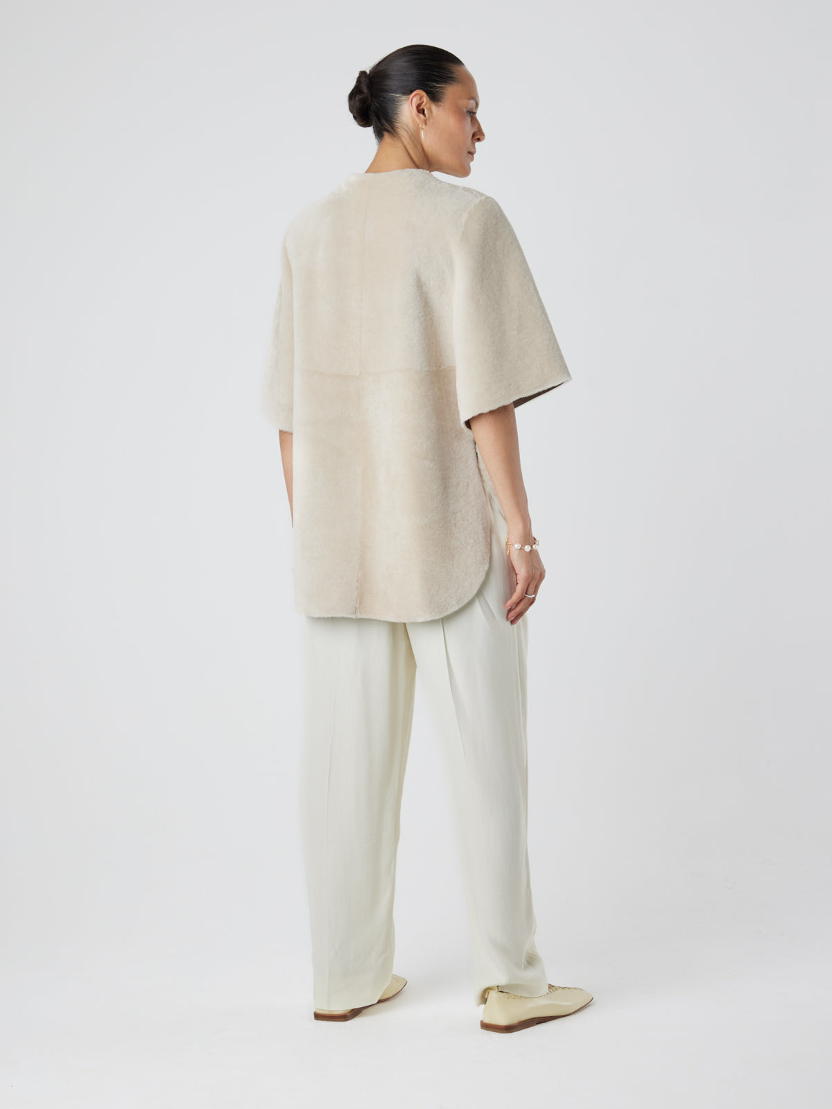 White Collarless Shearling Cape | Womens | Gushlow & Cole- model full length back