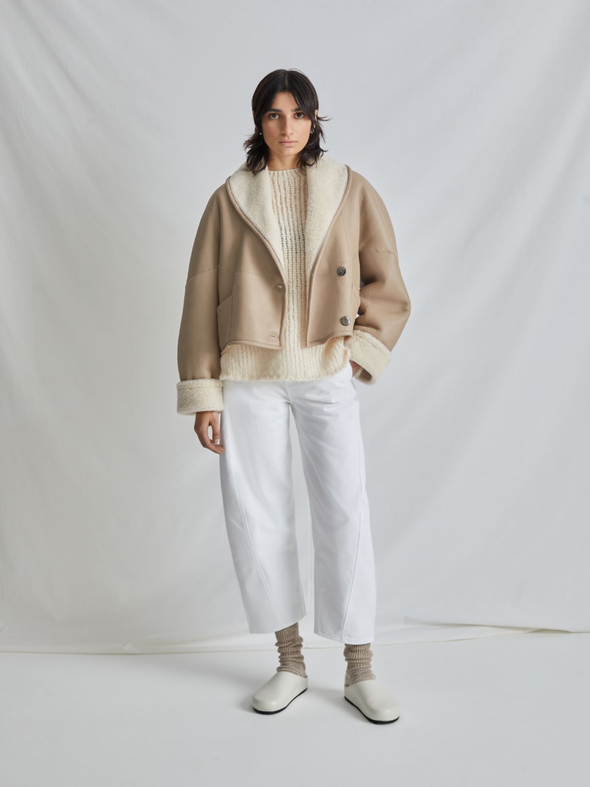 woman wearing White L9020 Crop Shearling Jacket by Gushlow & Cole