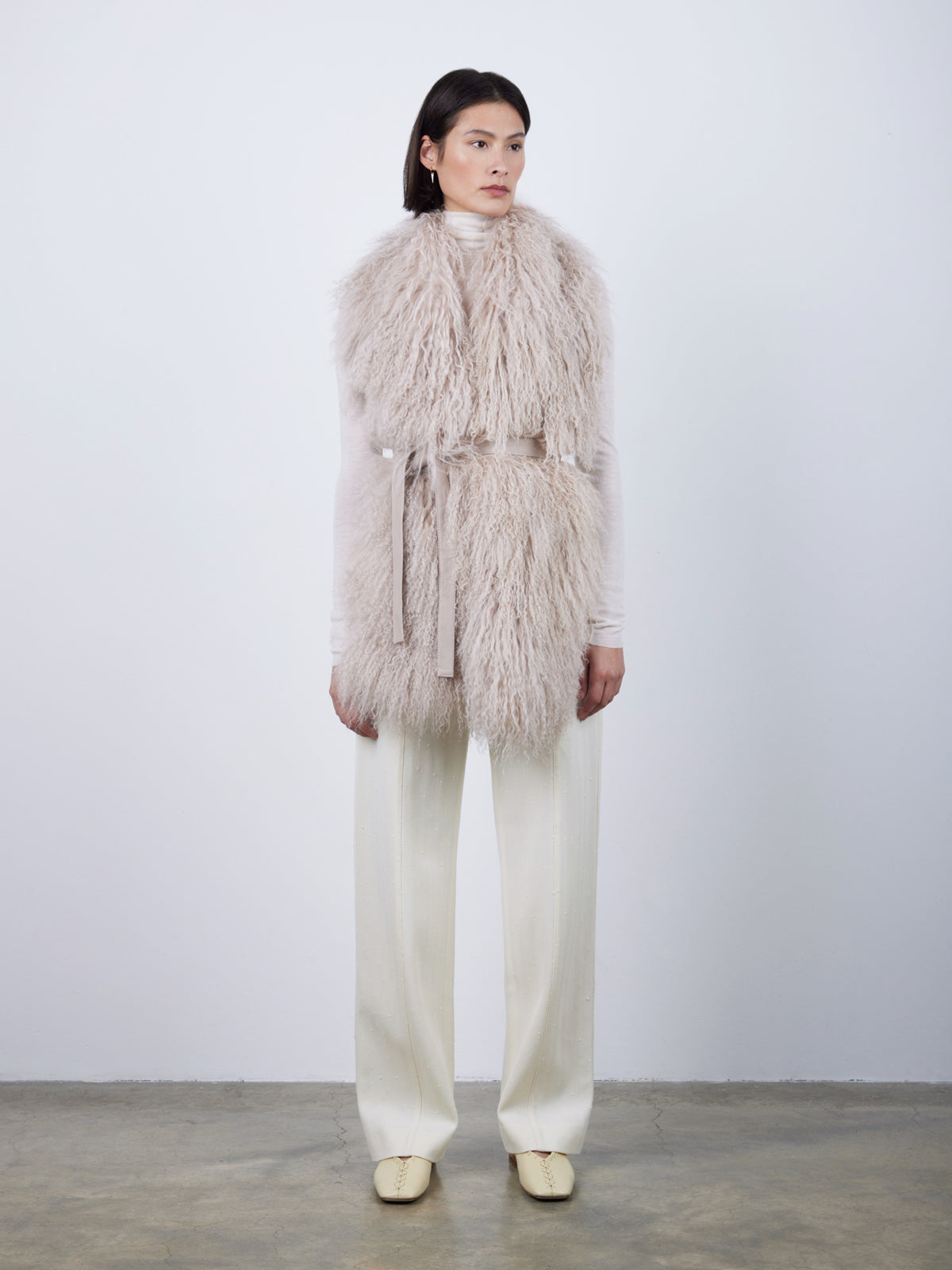 White Mongolian Scarf With Belt | Womens | Gushlow & Cole-full length model