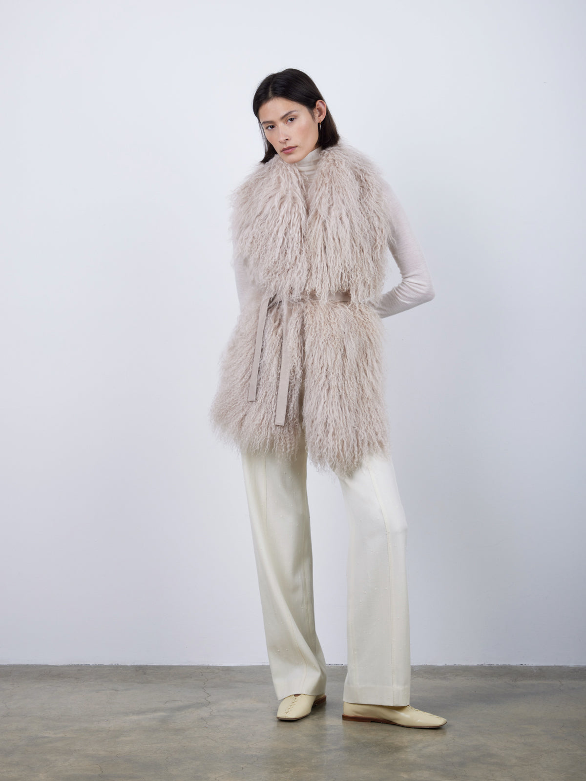 White Mongolian Scarf With Belt | Womens | Gushlow & Cole-full length model front