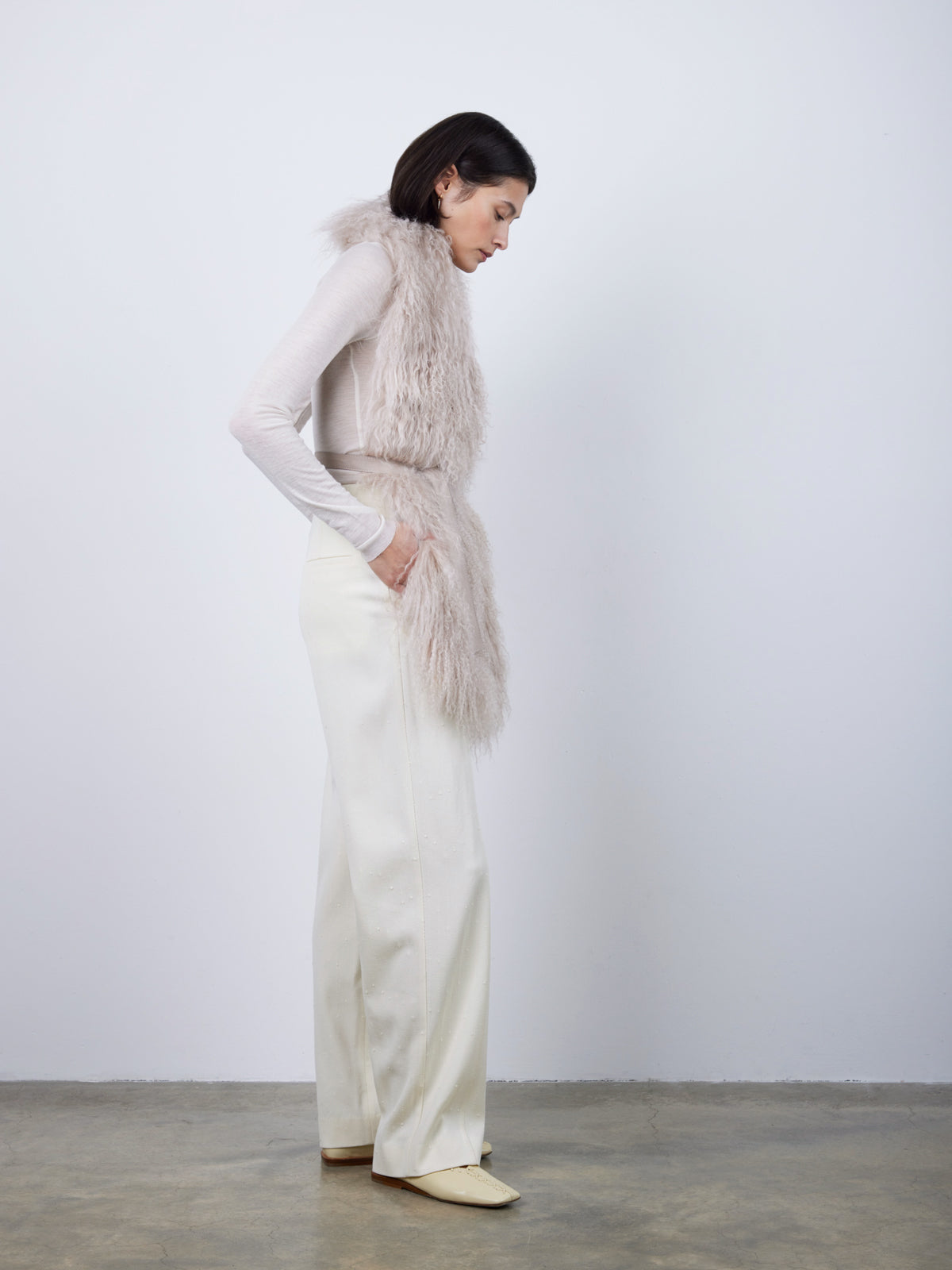 White Mongolian Scarf With Belt | Womens | Gushlow & Cole-full length model side
