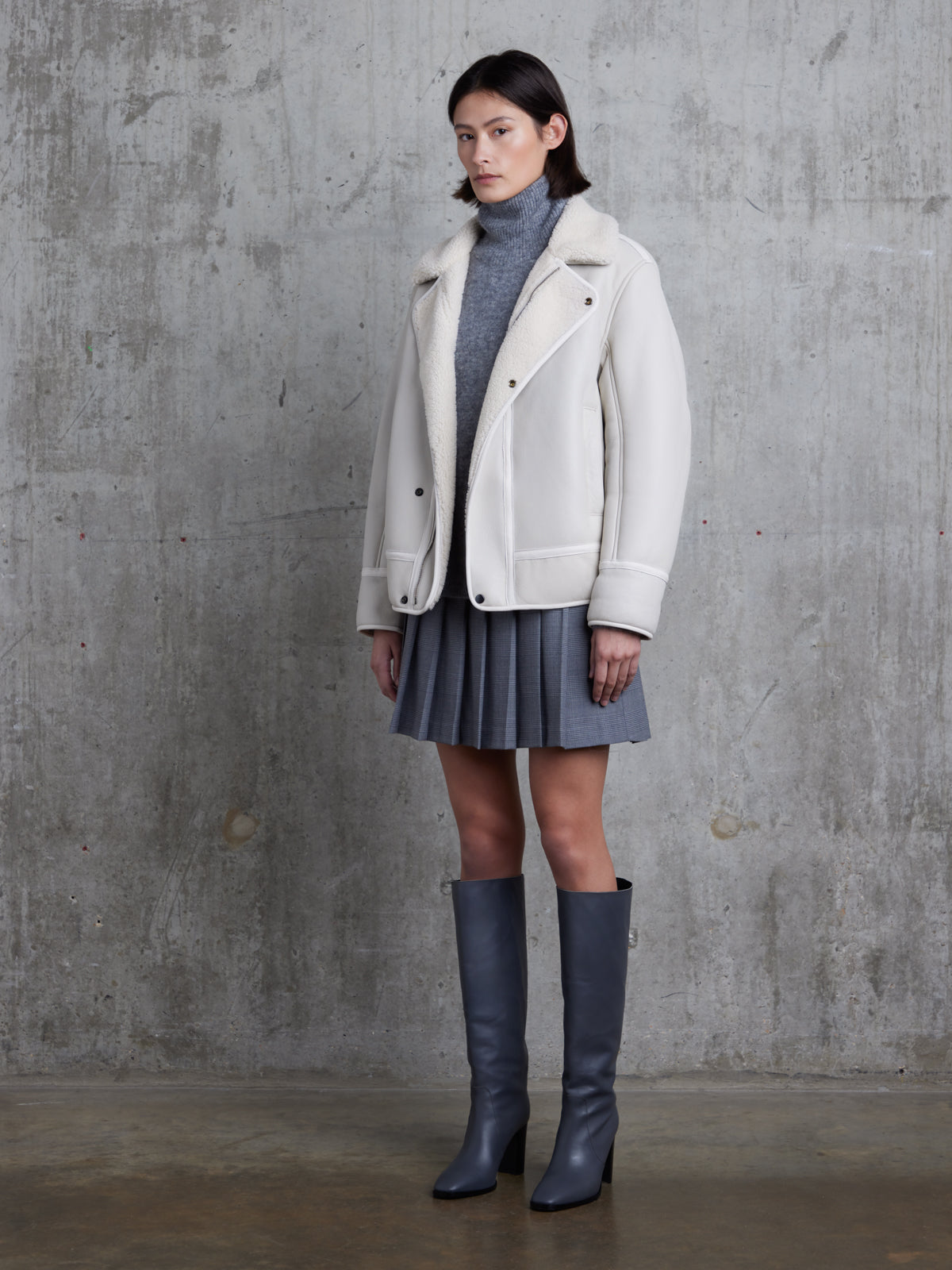 White Shearling Aviator Jacket | Womens | Gushlow & Cole - model full length coat open side