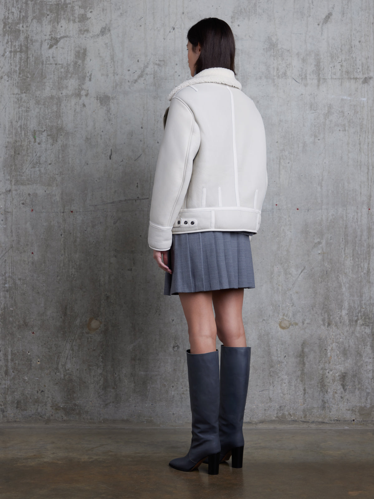 White Shearling Aviator Jacket | Womens | Gushlow & Cole - model full length coat closed back